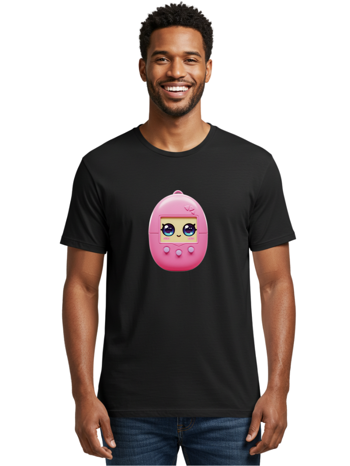 Tamagotchi-6 Men'S Graphic Tee, 100% Cotton, Comfortable Casual Summer Wear, Machine Washable, Pink Digital Pet, Cartoon Eyes, Kawaii Character, Nostalgia, Retro Gaming, Digital Creature Bab500