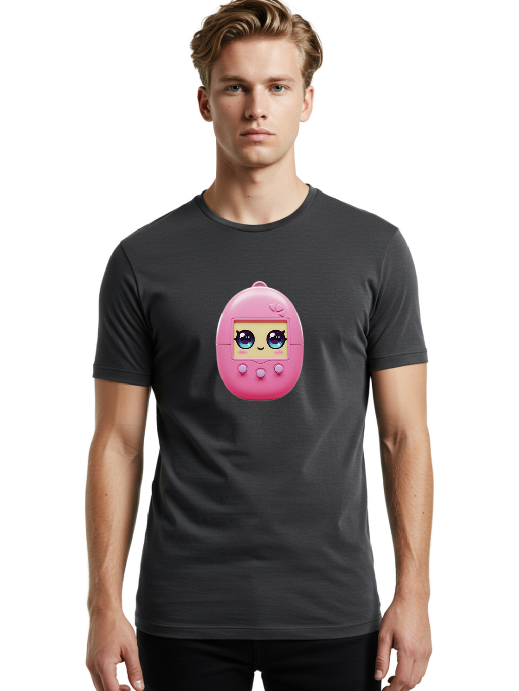 Tamagotchi-6 Men'S Graphic Tee, 100% Cotton, Comfortable Casual Summer Wear, Machine Washable, Pink Digital Pet, Cartoon Eyes, Kawaii Character, Nostalgia, Retro Gaming, Digital Creature Bab500