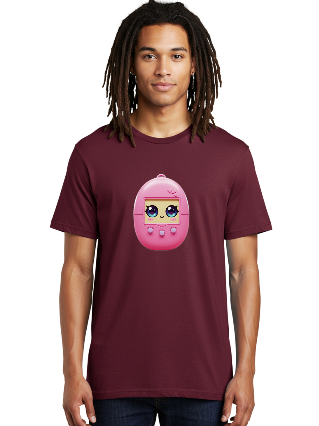 Tamagotchi-6 Men'S Graphic Tee, 100% Cotton, Comfortable Casual Summer Wear, Machine Washable, Pink Digital Pet, Cartoon Eyes, Kawaii Character, Nostalgia, Retro Gaming, Digital Creature Bab500