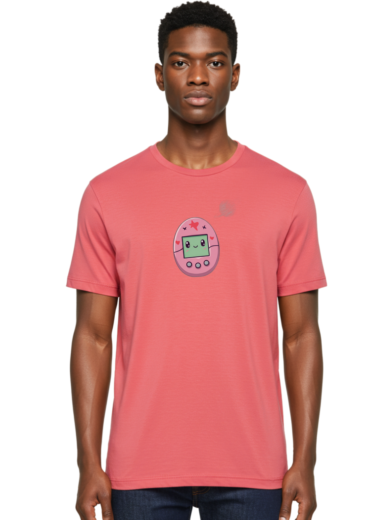 Tamagotchi-8 Men'S Graphic Tee, 100% Cotton, Comfortable Casual Summer Wear, Machine Washable, Pink Digital Pet, Cartoon Character, Cute Design, Heart And Star Decorations, Smiling Face, Digital Display, Interactive Buttons, Virtual Pet, Bab502