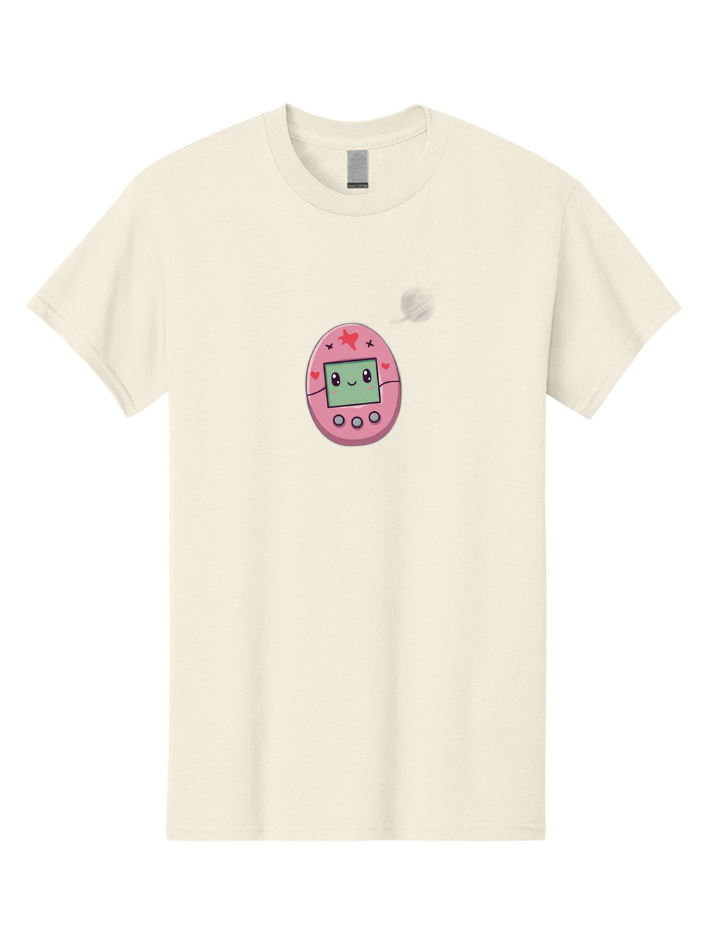 Tamagotchi-8 Men'S Graphic Tee, 100% Cotton, Comfortable Casual Summer Wear, Machine Washable, Pink Digital Pet, Cartoon Character, Cute Design, Heart And Star Decorations, Smiling Face, Digital Display, Interactive Buttons, Virtual Pet, Bab502
