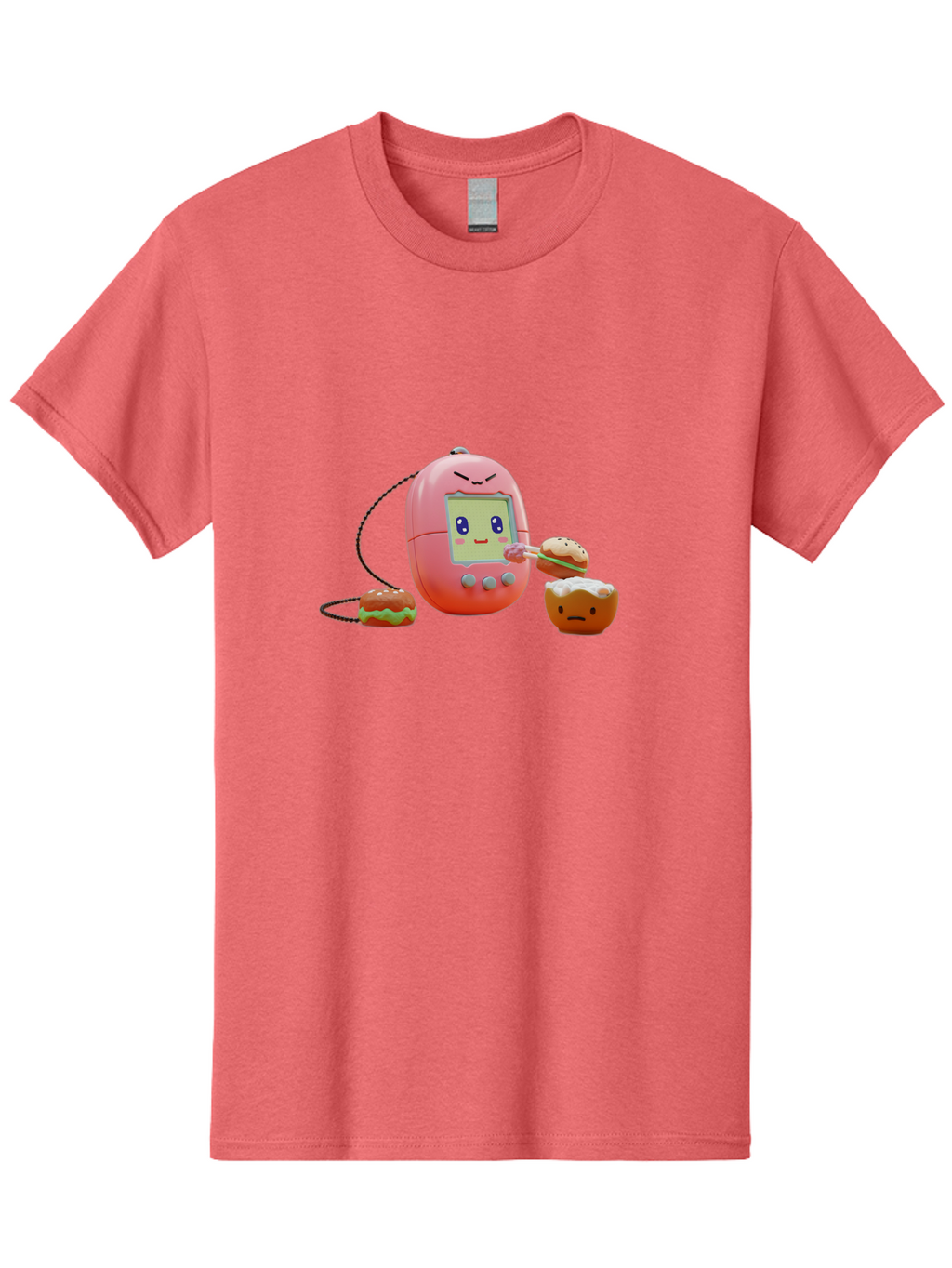 Tamagotchi-Feeding-Burgers Men'S Graphic Tee, 100% Cotton, Comfortable Casual Summer Wear, Machine Washable, Tamagotchi Digital Pet, Cartoon Character, Kawaii Culture, Handheld Game, Pastel Colors, Burger, Food, Digital Creature, Retro Gaming, Bab504