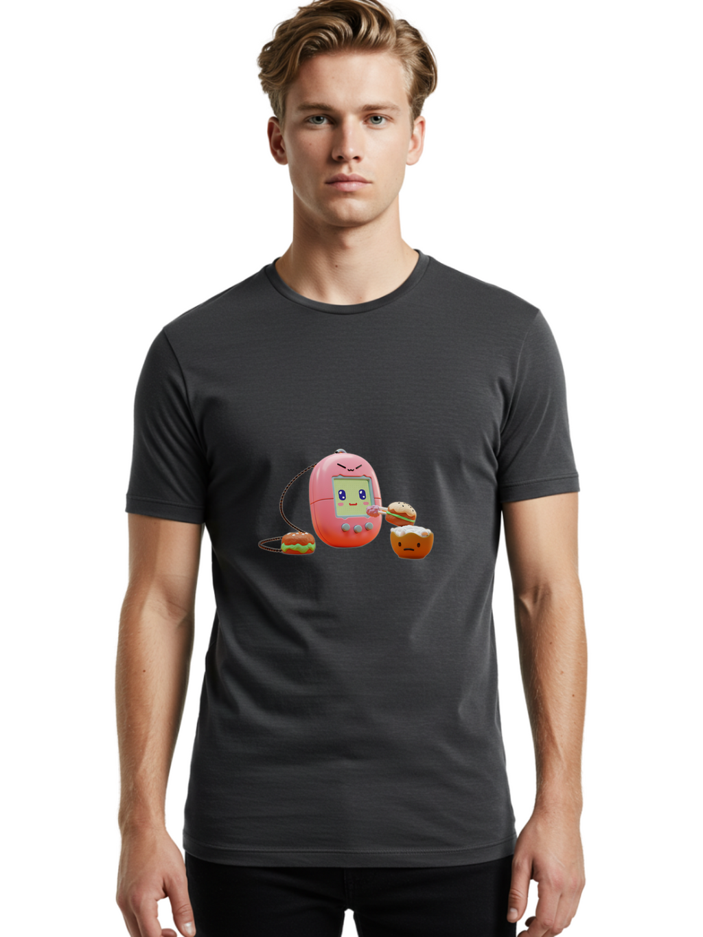 Tamagotchi-Feeding-Burgers Men'S Graphic Tee, 100% Cotton, Comfortable Casual Summer Wear, Machine Washable, Tamagotchi Digital Pet, Cartoon Character, Kawaii Culture, Handheld Game, Pastel Colors, Burger, Food, Digital Creature, Retro Gaming, Bab504