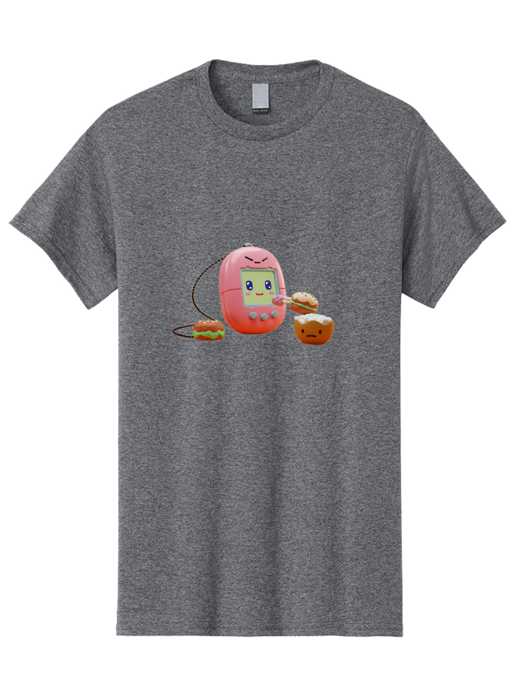 Tamagotchi-Feeding-Burgers Men'S Graphic Tee, 100% Cotton, Comfortable Casual Summer Wear, Machine Washable, Tamagotchi Digital Pet, Cartoon Character, Kawaii Culture, Handheld Game, Pastel Colors, Burger, Food, Digital Creature, Retro Gaming, Bab504