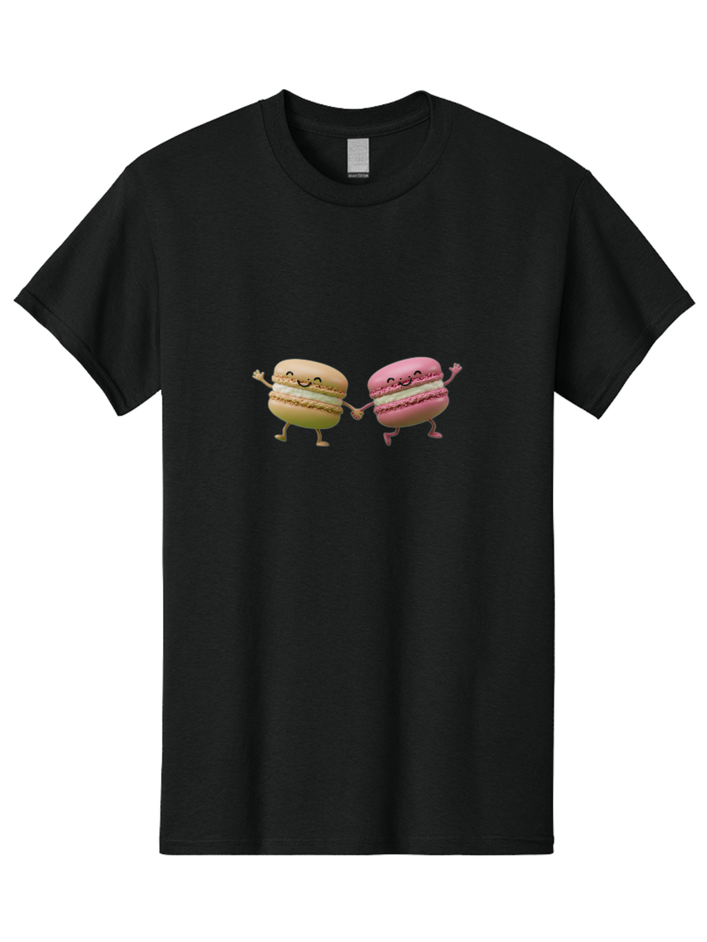 Tan-And-Pink-Macarons Men'S Graphic Tee, 100% Cotton, Comfortable Casual Summer Wear, Machine Washable, Cartoon Macarons, Macaron Characters, Smiling Macarons, Holding Hands Macarons, Beige Macaron, Pink Macaron, White Filling Bab506