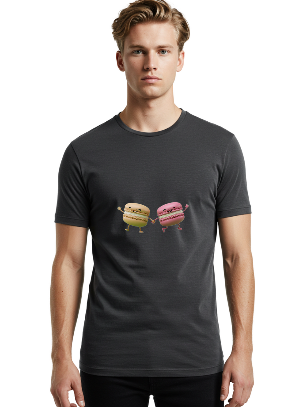 Tan-And-Pink-Macarons Men'S Graphic Tee, 100% Cotton, Comfortable Casual Summer Wear, Machine Washable, Cartoon Macarons, Macaron Characters, Smiling Macarons, Holding Hands Macarons, Beige Macaron, Pink Macaron, White Filling Bab506