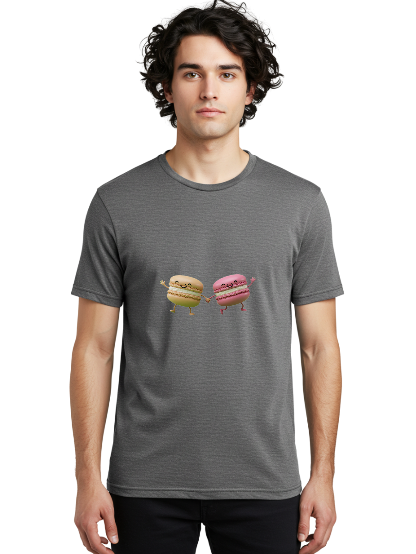 Tan-And-Pink-Macarons Men'S Graphic Tee, 100% Cotton, Comfortable Casual Summer Wear, Machine Washable, Cartoon Macarons, Macaron Characters, Smiling Macarons, Holding Hands Macarons, Beige Macaron, Pink Macaron, White Filling Bab506