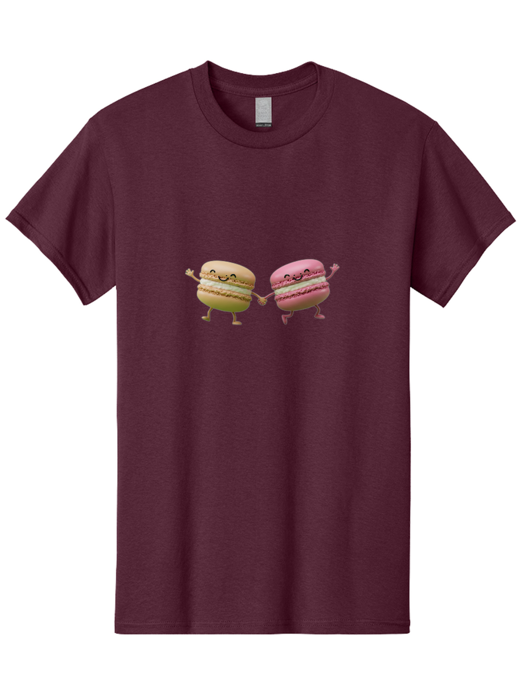 Tan-And-Pink-Macarons Men'S Graphic Tee, 100% Cotton, Comfortable Casual Summer Wear, Machine Washable, Cartoon Macarons, Macaron Characters, Smiling Macarons, Holding Hands Macarons, Beige Macaron, Pink Macaron, White Filling Bab506