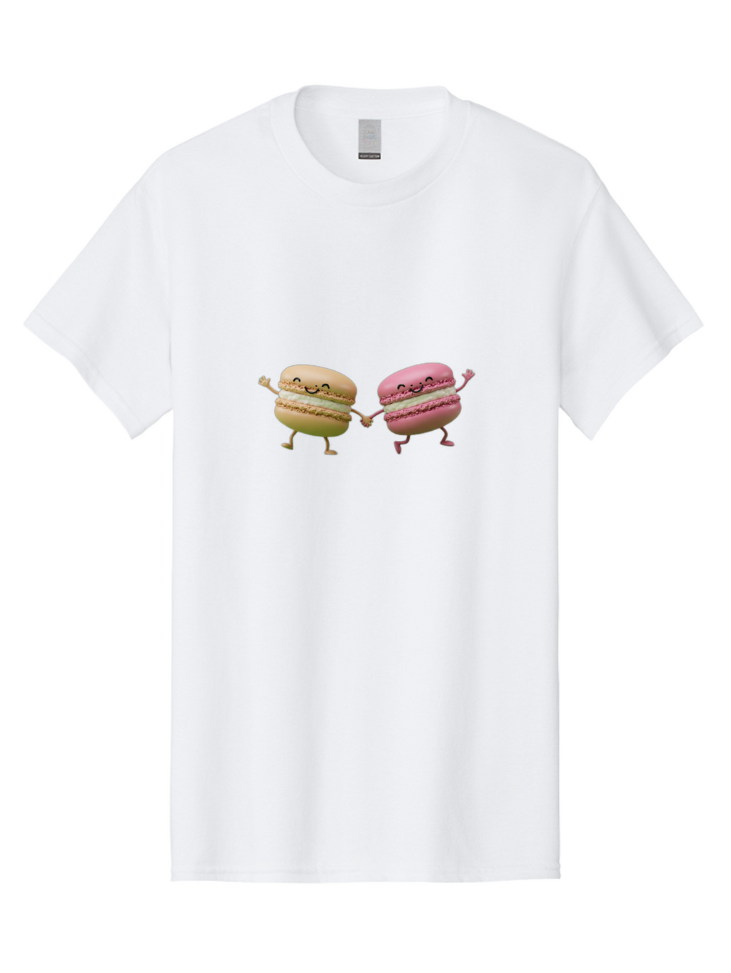 Tan-And-Pink-Macarons Men'S Graphic Tee, 100% Cotton, Comfortable Casual Summer Wear, Machine Washable, Cartoon Macarons, Macaron Characters, Smiling Macarons, Holding Hands Macarons, Beige Macaron, Pink Macaron, White Filling Bab506