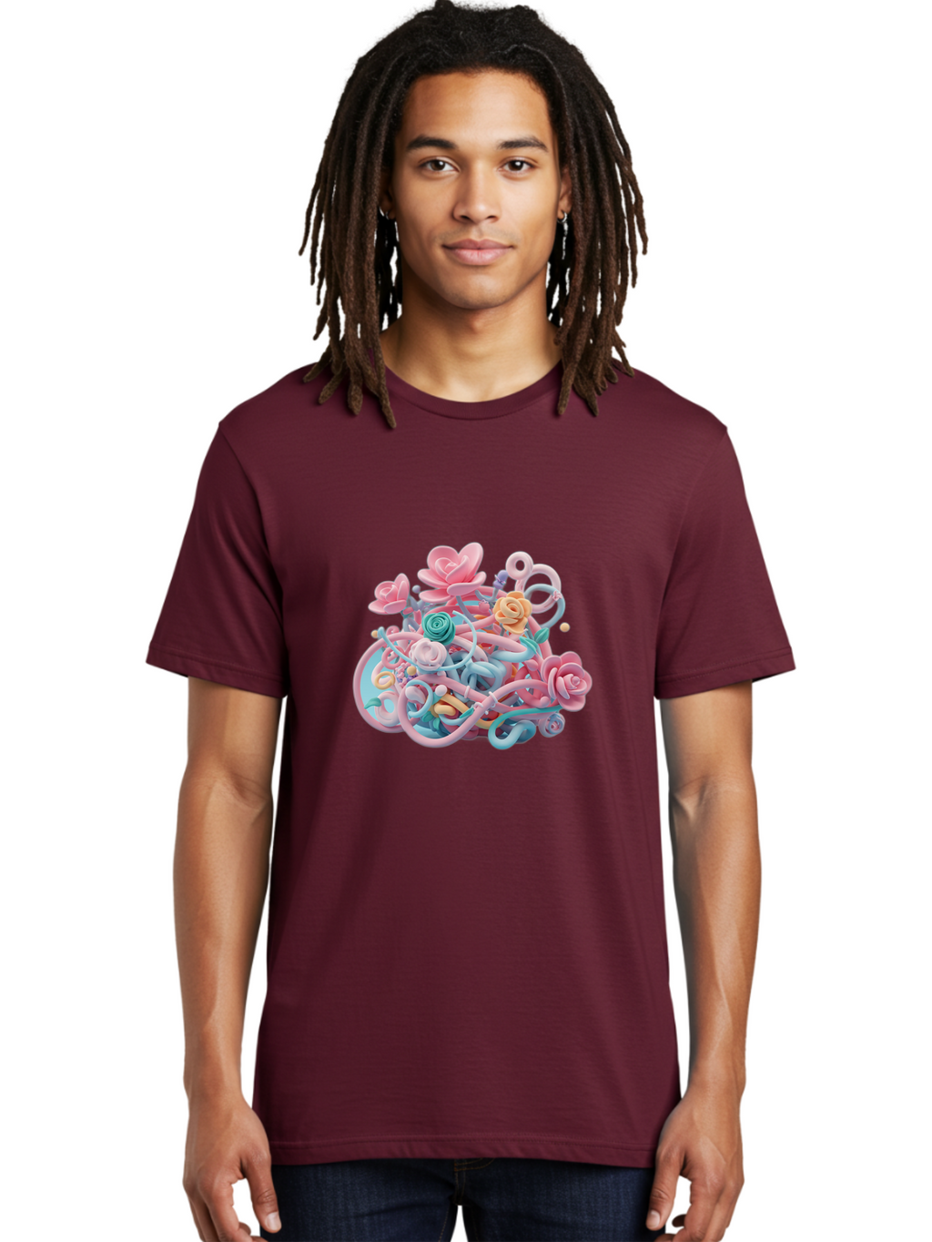 Tangled-Floral Men'S Graphic Tee, 100% Cotton, Comfortable Casual Summer Wear, Machine Washable, Pastel Flowers, Swirling Shapes, Floral Arrangement, Soft Colors, Whimsical Design, 3D Rendering, Abstract Floral, Colorful Blooms, Bab507