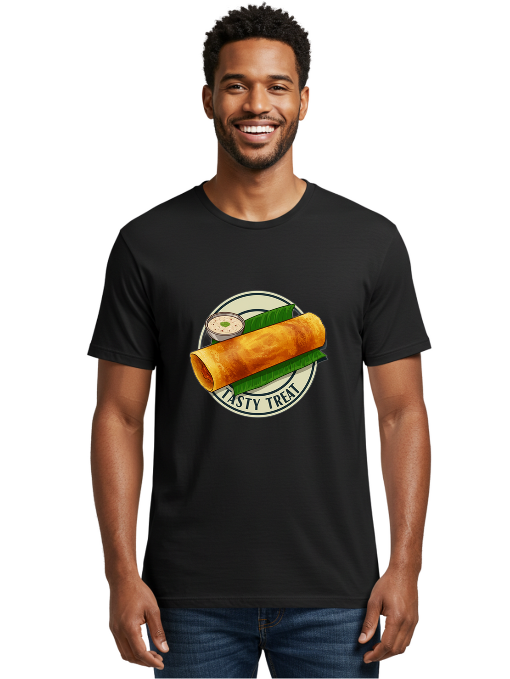 Tasty-Treat-1 Men'S Graphic Tee, 100% Cotton, Comfortable Casual Summer Wear, Machine Washable, South Indian Cuisine, Dosa, Crepe, Chutney, Traditional Indian Food, Tasty Dosa, Indian Crepe, Fermented Rice And Lentil Batter, Crispy Dosa, Bab508