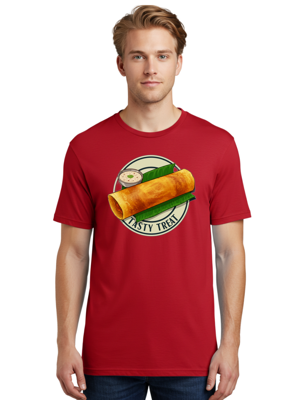 Tasty-Treat-1 Men'S Graphic Tee, 100% Cotton, Comfortable Casual Summer Wear, Machine Washable, South Indian Cuisine, Dosa, Crepe, Chutney, Traditional Indian Food, Tasty Dosa, Indian Crepe, Fermented Rice And Lentil Batter, Crispy Dosa, Bab508