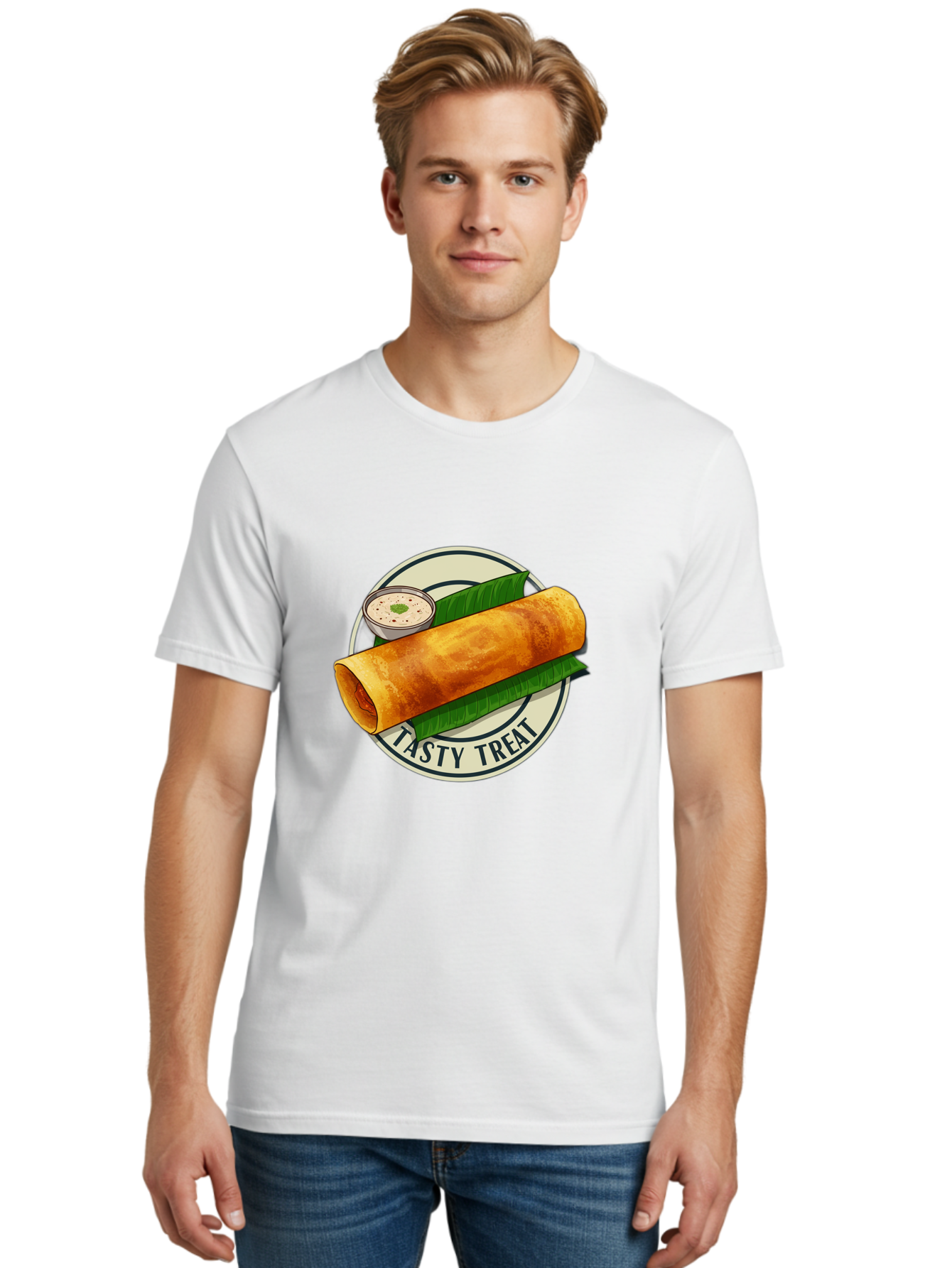 Tasty-Treat-1 Men'S Graphic Tee, 100% Cotton, Comfortable Casual Summer Wear, Machine Washable, South Indian Cuisine, Dosa, Crepe, Chutney, Traditional Indian Food, Tasty Dosa, Indian Crepe, Fermented Rice And Lentil Batter, Crispy Dosa, Bab508
