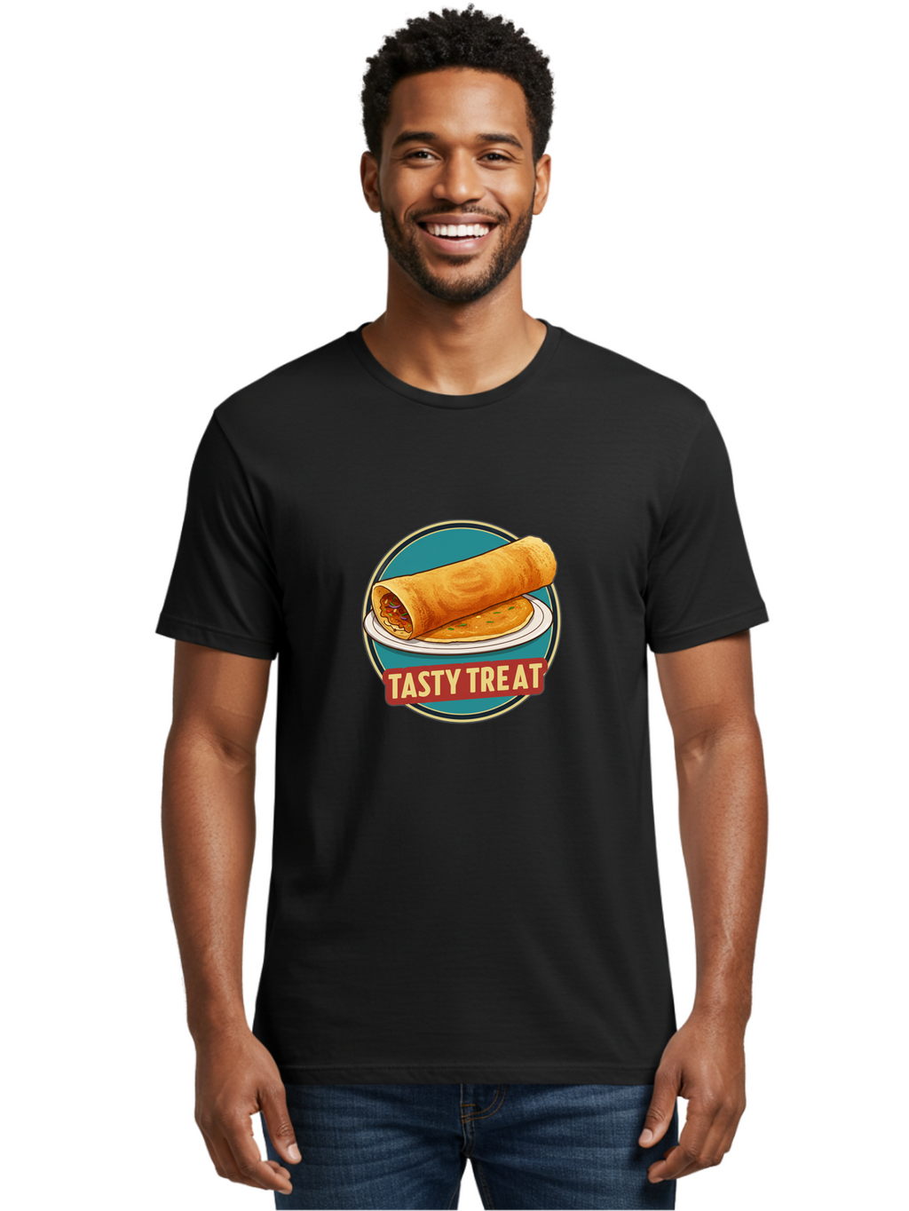 Tasty-Treat-11 Men'S Graphic Tee, 100% Cotton, Comfortable Casual Summer Wear, Machine Washable, Rolled Dosa, Savory Crepe, Indian Cuisine, South Asian Food, Tasty Treat, Dosa On A Plate, Delicious Meal, Spicy Filling Bab510
