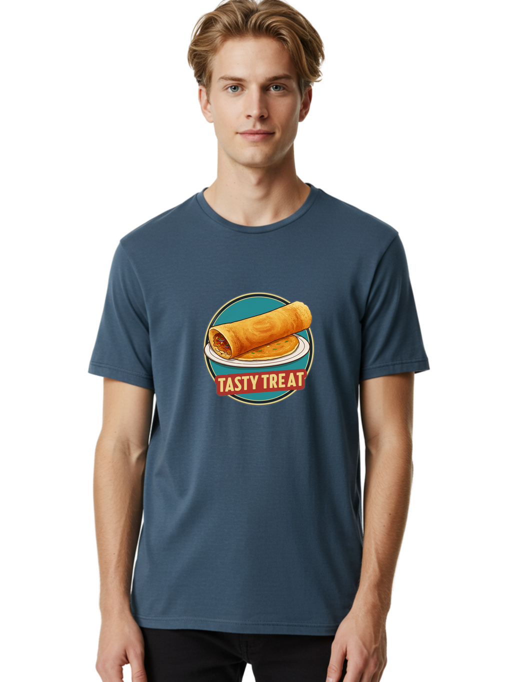 Tasty-Treat-11 Men'S Graphic Tee, 100% Cotton, Comfortable Casual Summer Wear, Machine Washable, Rolled Dosa, Savory Crepe, Indian Cuisine, South Asian Food, Tasty Treat, Dosa On A Plate, Delicious Meal, Spicy Filling Bab510