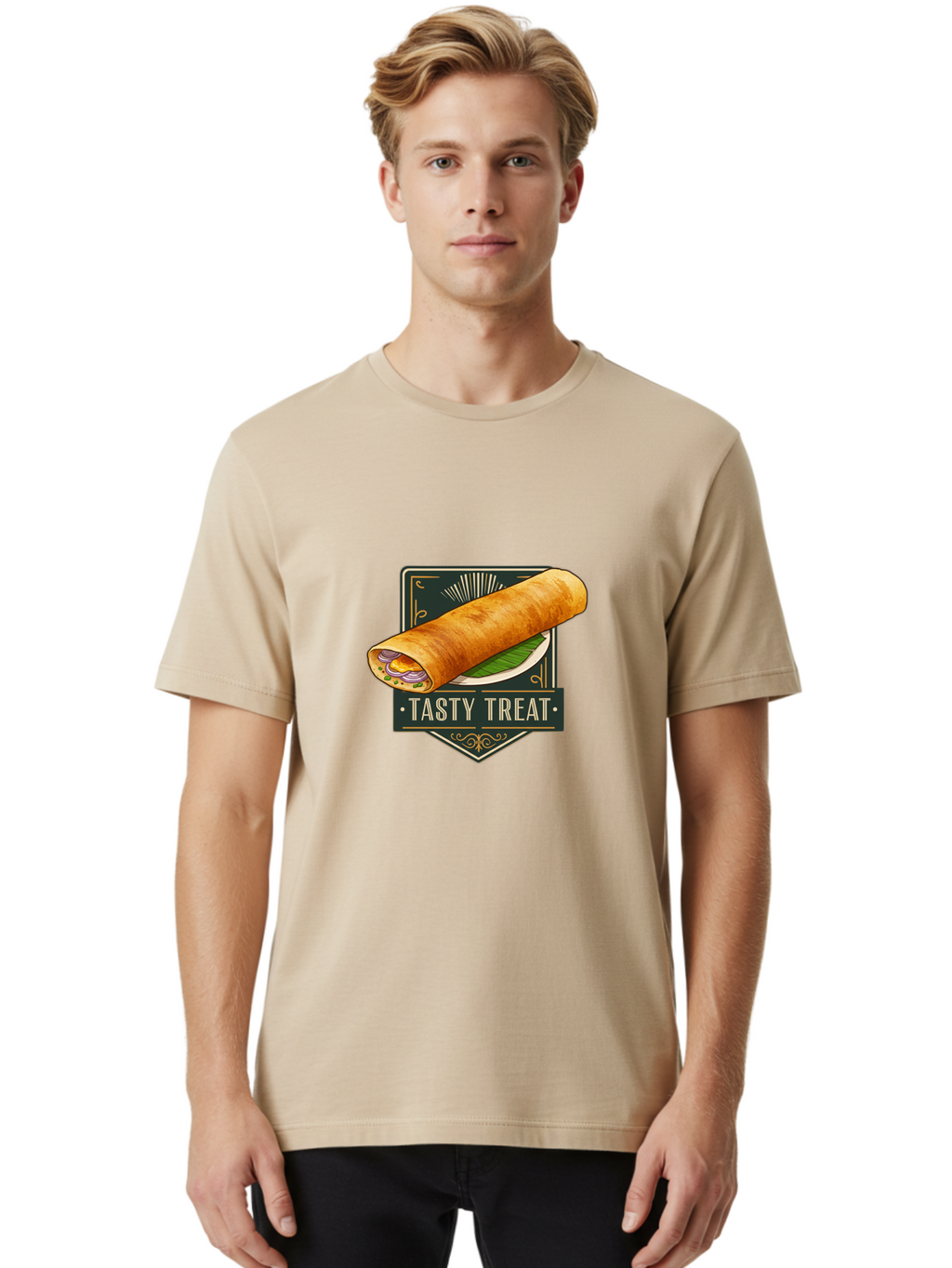 Tasty-Treat-2 Men'S Graphic Tee, 100% Cotton, Comfortable Casual Summer Wear, Machine Washable, Rolled Crepe With Filling, Tasty Treat, Crepe, Crepe Dish, Savory Crepe, Egg, Onion, Culinary Delights, Gourmet Food, Foodie, Crepe Cuisine Bab511