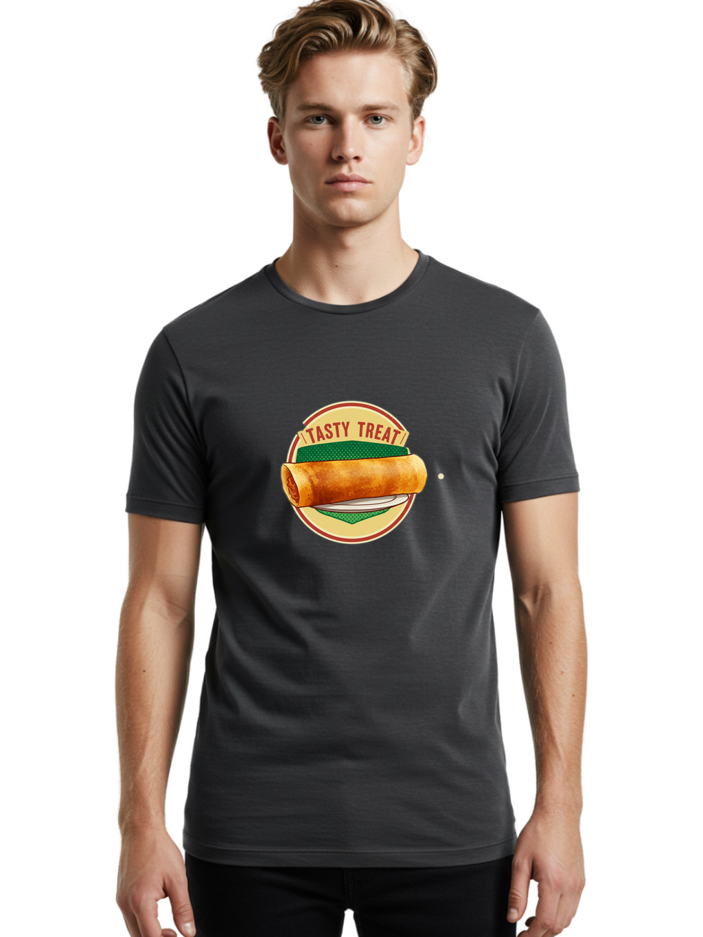 Tasty-Treat-3 Men'S Graphic Tee, 100% Cotton, Comfortable Casual Summer Wear, Machine Washable, Spring Roll On Plate, Tasty Treat, Savory Delight, Golden Brown, Crispy Texture, Delicious Snack, Finger Food, Appetizing Bab512