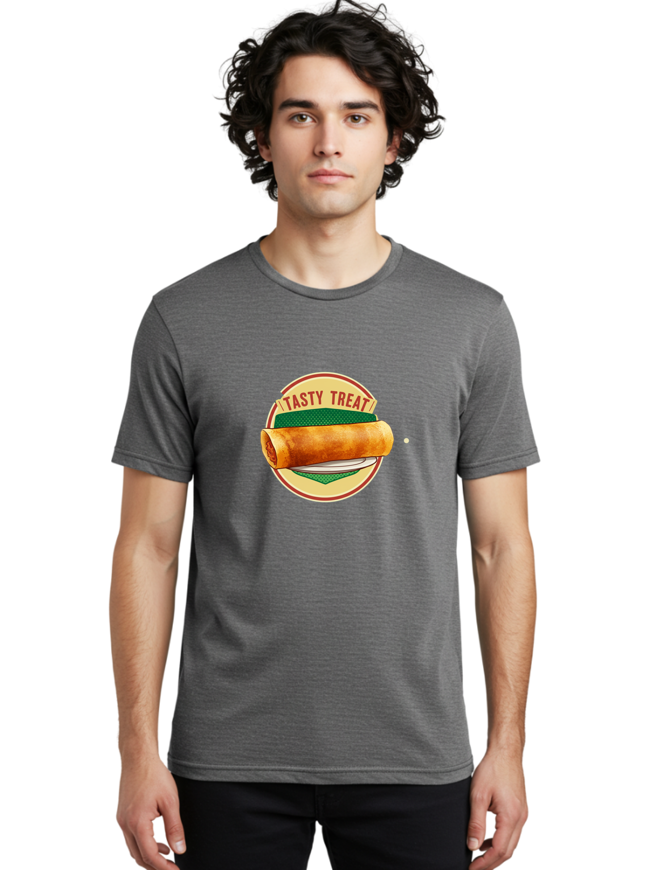 Tasty-Treat-3 Men'S Graphic Tee, 100% Cotton, Comfortable Casual Summer Wear, Machine Washable, Spring Roll On Plate, Tasty Treat, Savory Delight, Golden Brown, Crispy Texture, Delicious Snack, Finger Food, Appetizing Bab512