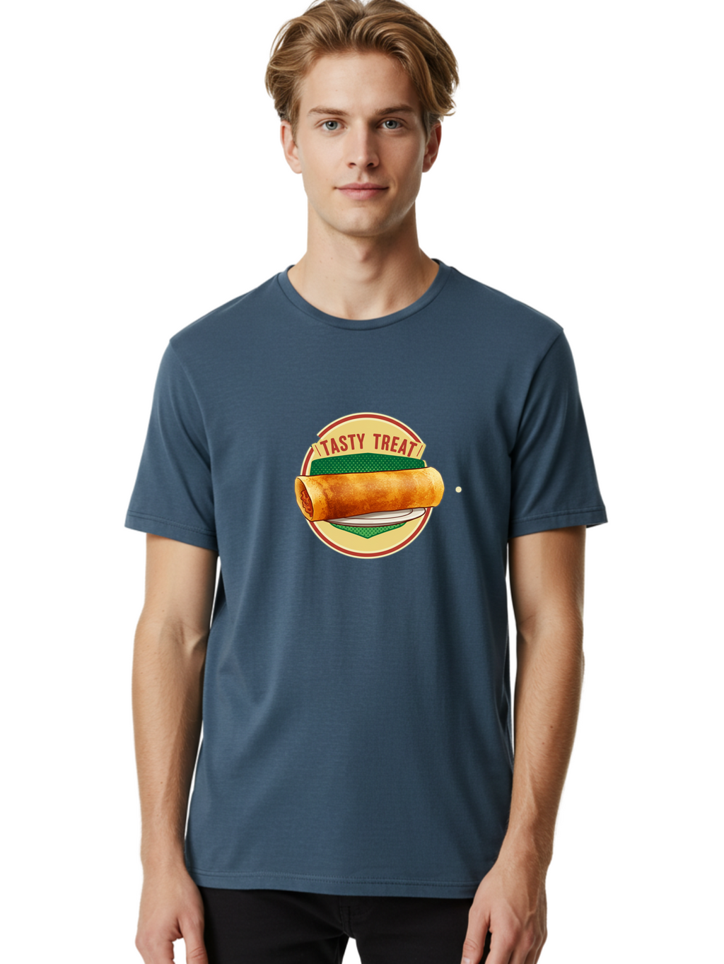 Tasty-Treat-3 Men'S Graphic Tee, 100% Cotton, Comfortable Casual Summer Wear, Machine Washable, Spring Roll On Plate, Tasty Treat, Savory Delight, Golden Brown, Crispy Texture, Delicious Snack, Finger Food, Appetizing Bab512