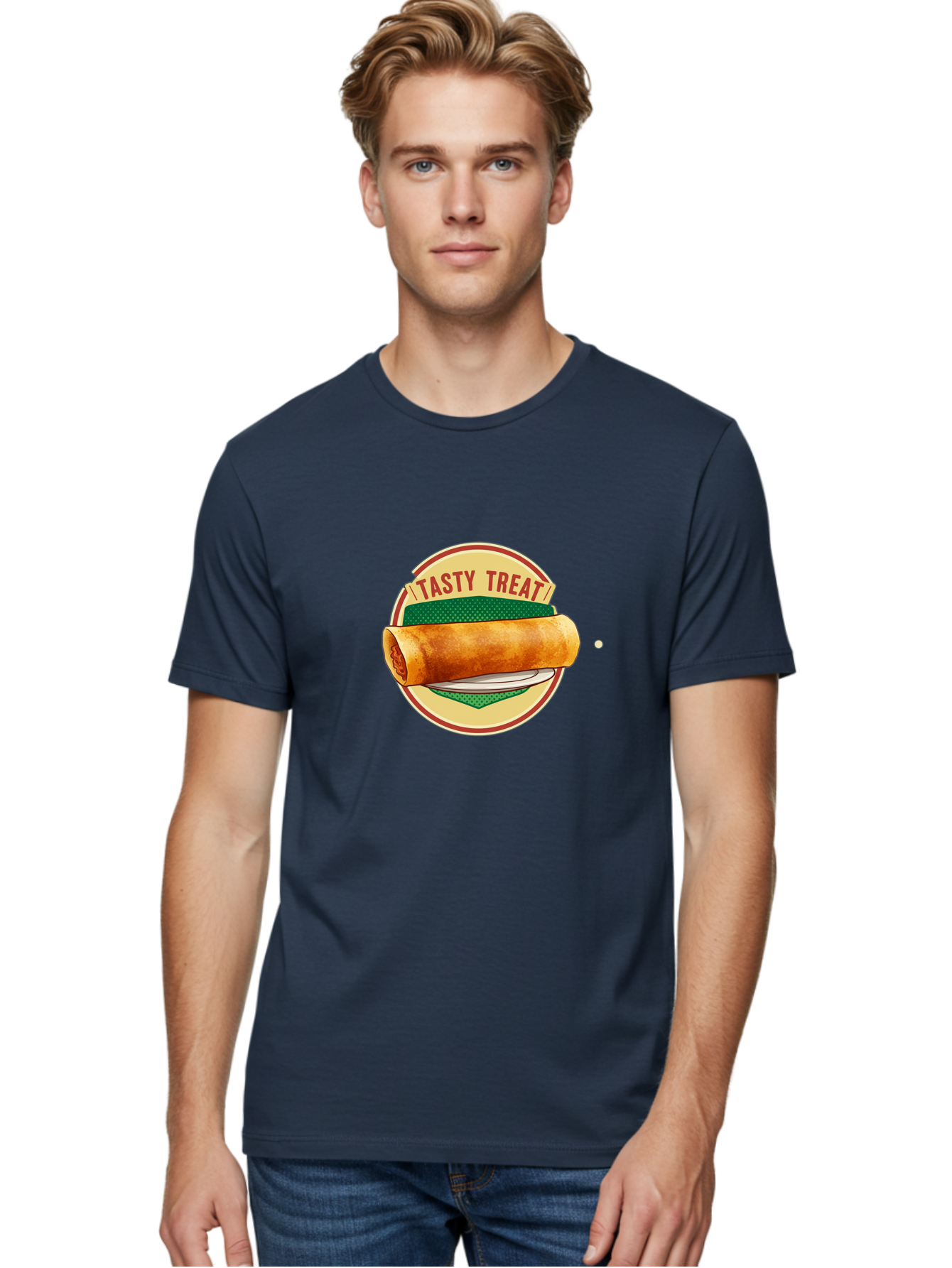 Tasty-Treat-3 Men'S Graphic Tee, 100% Cotton, Comfortable Casual Summer Wear, Machine Washable, Spring Roll On Plate, Tasty Treat, Savory Delight, Golden Brown, Crispy Texture, Delicious Snack, Finger Food, Appetizing Bab512