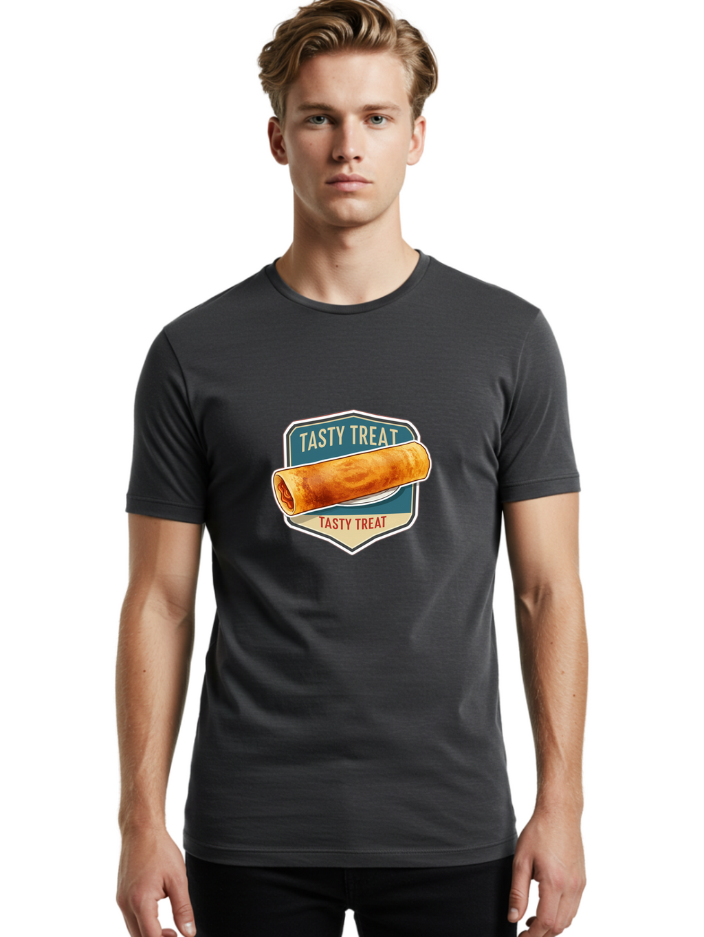 Tasty-Treat-5 Men'S Graphic Tee, 100% Cotton, Comfortable Casual Summer Wear, Machine Washable, Egg Roll, Food Logo, Tasty Treat, Savory Snack, Wrapped Delicacy, Rolled Pastry, Delicious Treat, Culinary Delight Bab514