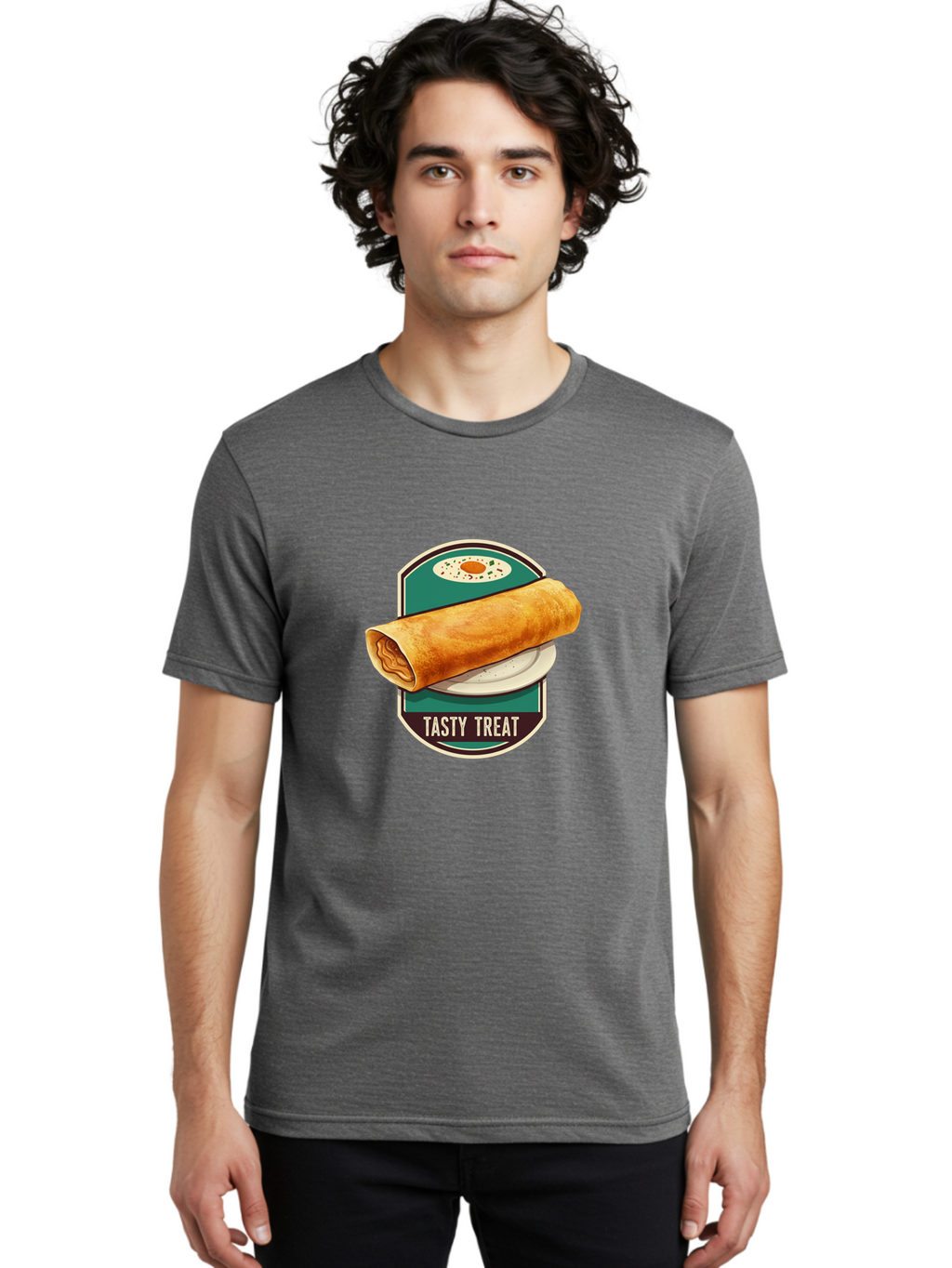 Tasty-Treat-6 Men'S Graphic Tee, 100% Cotton, Comfortable Casual Summer Wear, Machine Washable, Rolled Dosa, Indian Cuisine, Tasty Treat, Dosa On A Plate, South Indian Food, Traditional Dish, Savory Crepe, Street Food, Authentic Flavors, Bab515