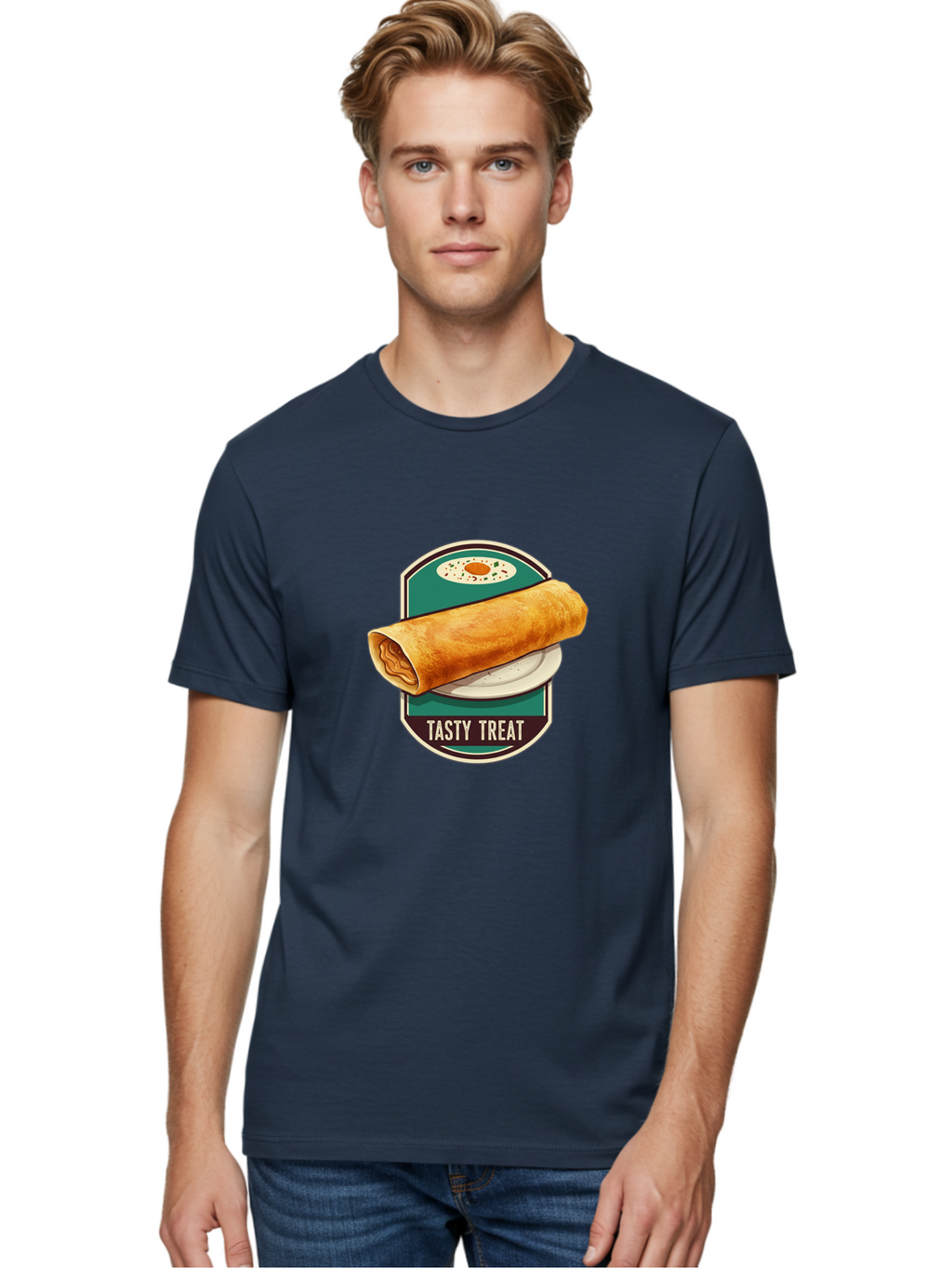 Tasty-Treat-6 Men'S Graphic Tee, 100% Cotton, Comfortable Casual Summer Wear, Machine Washable, Rolled Dosa, Indian Cuisine, Tasty Treat, Dosa On A Plate, South Indian Food, Traditional Dish, Savory Crepe, Street Food, Authentic Flavors, Bab515