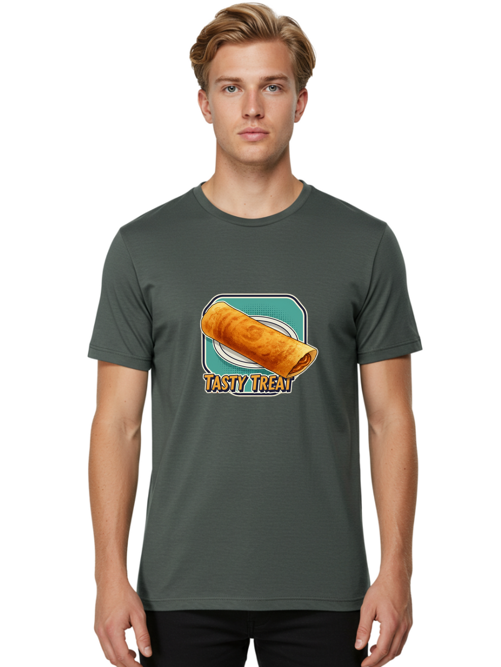 Tasty-Treat-9 Men'S Graphic Tee, 100% Cotton, Comfortable Casual Summer Wear, Machine Washable, Tasty Treat, Crepe On A Plate, Delicious Food, Savory Filling, Finger Food, Crepe, Rolled Pancake, Gourmet Snack Bab518