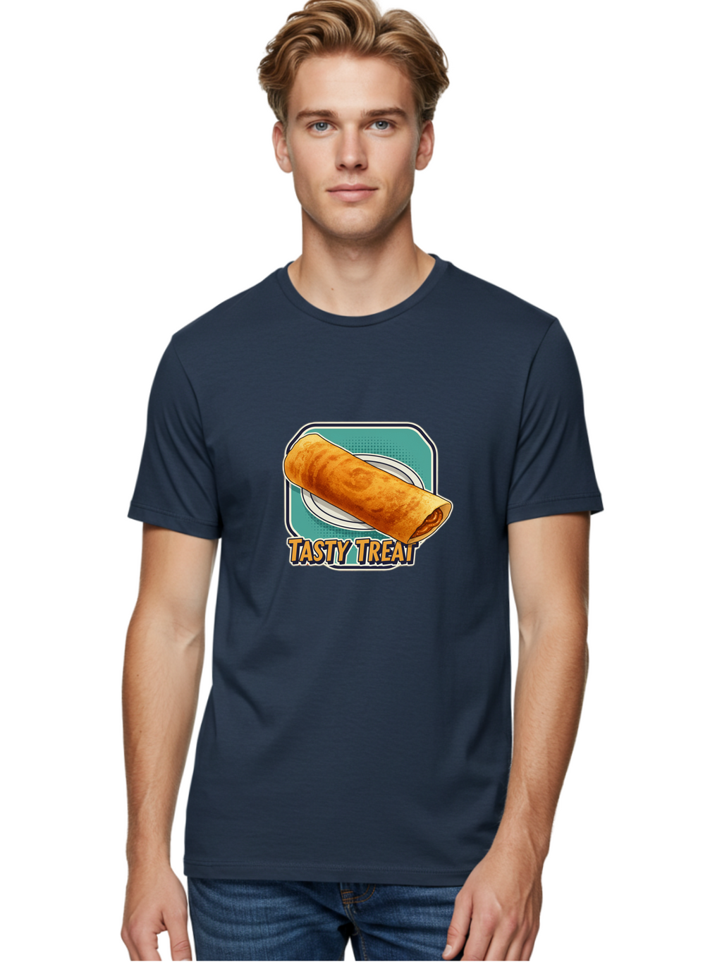 Tasty-Treat-9 Men'S Graphic Tee, 100% Cotton, Comfortable Casual Summer Wear, Machine Washable, Tasty Treat, Crepe On A Plate, Delicious Food, Savory Filling, Finger Food, Crepe, Rolled Pancake, Gourmet Snack Bab518