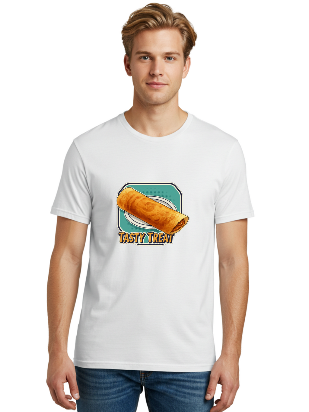 Tasty-Treat-9 Men'S Graphic Tee, 100% Cotton, Comfortable Casual Summer Wear, Machine Washable, Tasty Treat, Crepe On A Plate, Delicious Food, Savory Filling, Finger Food, Crepe, Rolled Pancake, Gourmet Snack Bab518