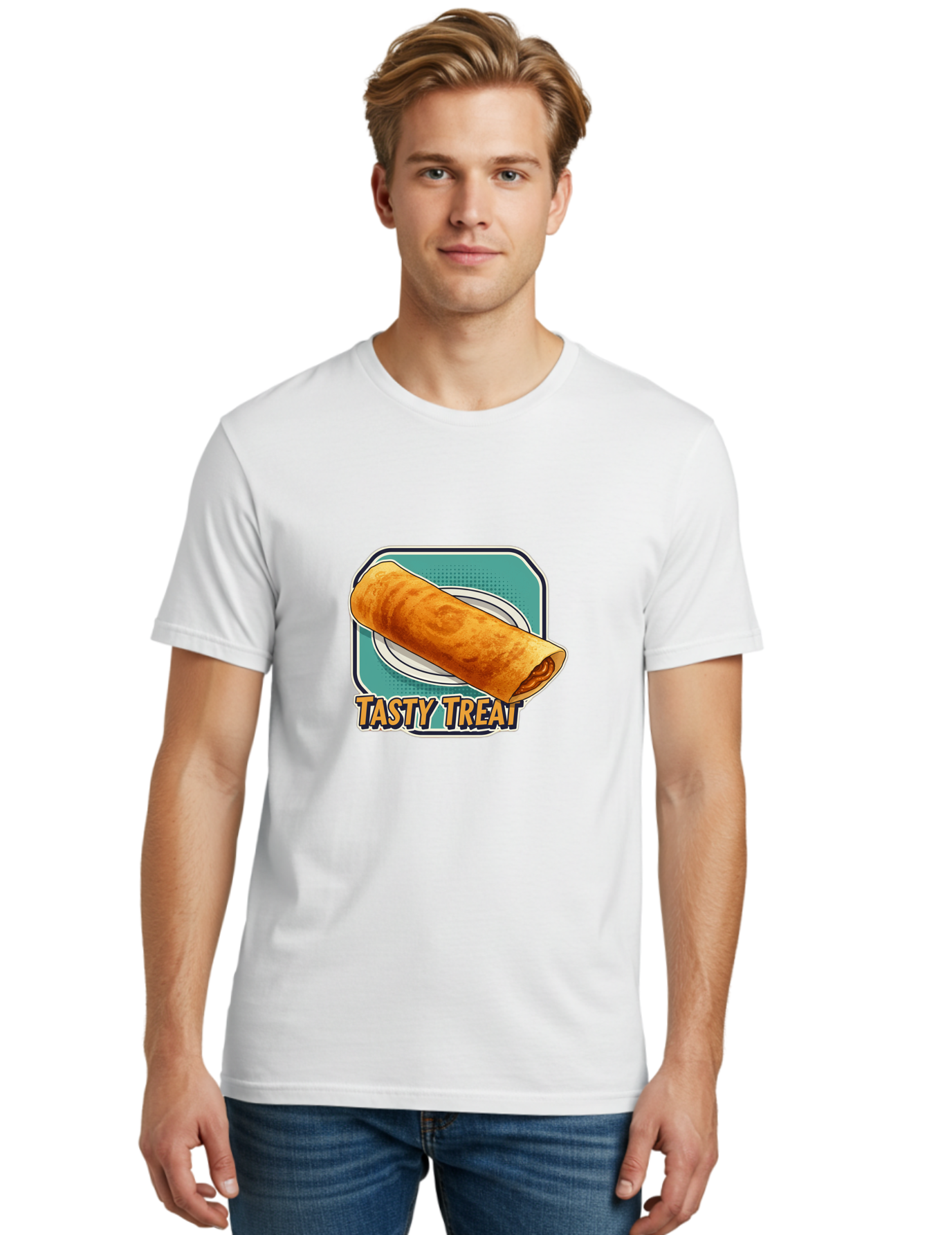 Tasty-Treat-9 Men'S Graphic Tee, 100% Cotton, Comfortable Casual Summer Wear, Machine Washable, Tasty Treat, Crepe On A Plate, Delicious Food, Savory Filling, Finger Food, Crepe, Rolled Pancake, Gourmet Snack Bab518
