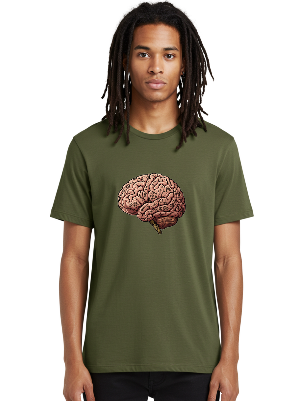 Tattooed-Brain Men'S Graphic Tee, 100% Cotton, Comfortable Casual Summer Wear, Machine Washable, Human Brain With Tattoos, Occult Symbols, Mystical Designs, Psychedelic Art, Surreal Illustration, Esoteric Patterns, Symbolic Imagery, Bab520