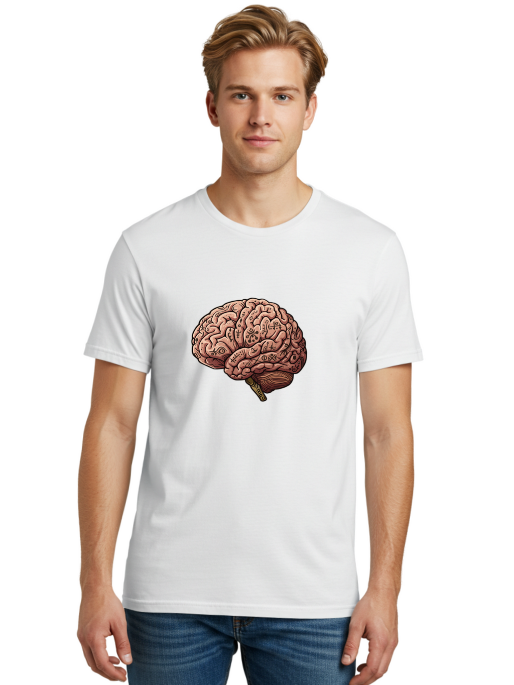 Tattooed-Brain Men'S Graphic Tee, 100% Cotton, Comfortable Casual Summer Wear, Machine Washable, Human Brain With Tattoos, Occult Symbols, Mystical Designs, Psychedelic Art, Surreal Illustration, Esoteric Patterns, Symbolic Imagery, Bab520
