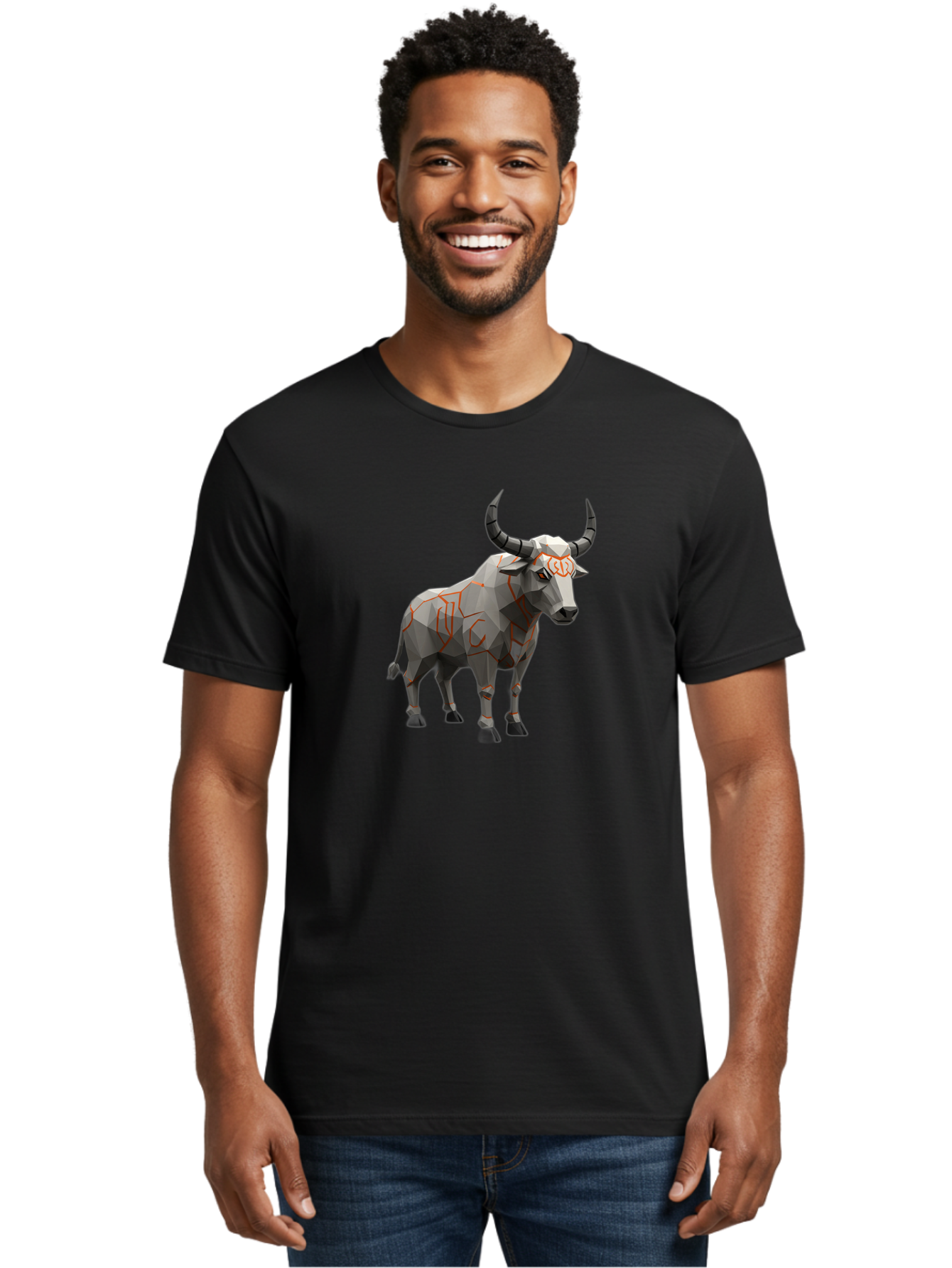 Taurus Men'S Graphic Tee, 100% Cotton, Comfortable Casual Summer Wear, Machine Washable, Low Poly Art, Geometric Bull, Abstract Animal Design, Modern Illustration, Gray And Orange Colors, 3D Style, Futuristic Artwork, Taurus Symbol Bab521