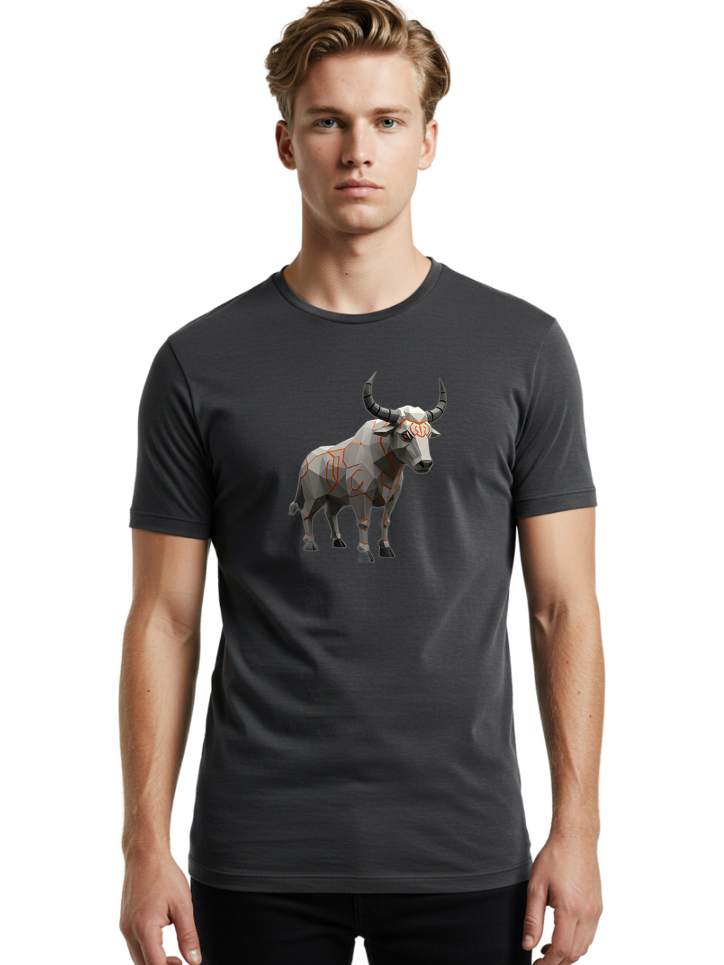 Taurus Men'S Graphic Tee, 100% Cotton, Comfortable Casual Summer Wear, Machine Washable, Low Poly Art, Geometric Bull, Abstract Animal Design, Modern Illustration, Gray And Orange Colors, 3D Style, Futuristic Artwork, Taurus Symbol Bab521