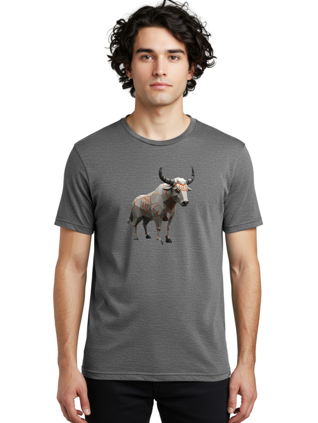 Taurus Men'S Graphic Tee, 100% Cotton, Comfortable Casual Summer Wear, Machine Washable, Low Poly Art, Geometric Bull, Abstract Animal Design, Modern Illustration, Gray And Orange Colors, 3D Style, Futuristic Artwork, Taurus Symbol Bab521