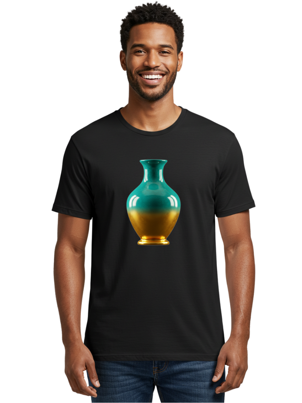 Teal-Gold-Vase Men'S Graphic Tee, 100% Cotton, Comfortable Casual Summer Wear, Machine Washable, Ceramic Vase, Teal And Gold Vase, Glossy Finish, Gradient Colors, Decorative Vase, Home Decor, Elegant Design, Modern Pottery, Bab522