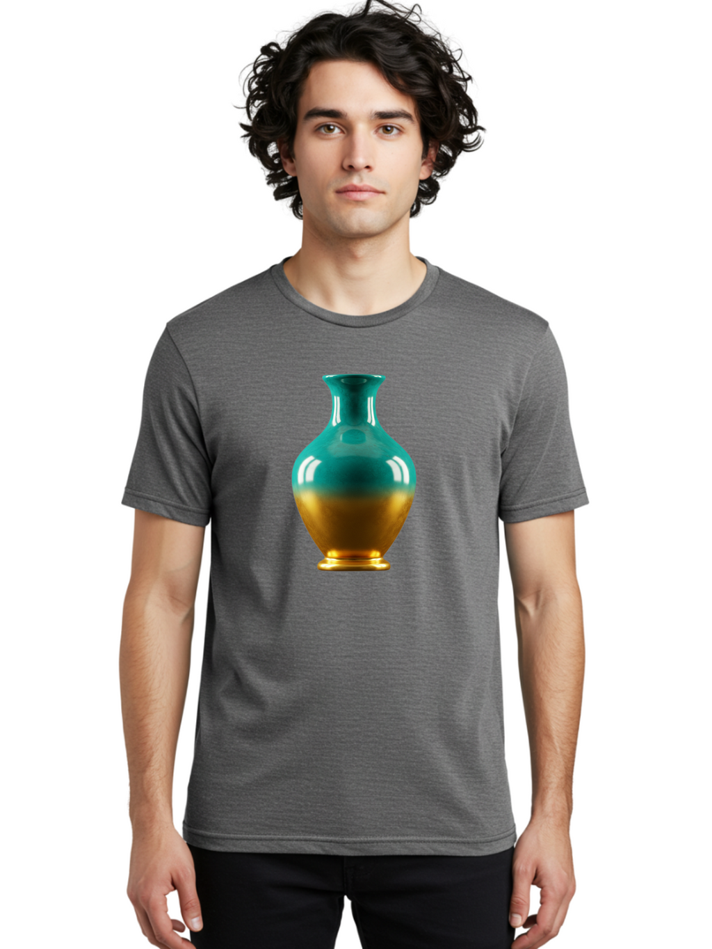 Teal-Gold-Vase Men'S Graphic Tee, 100% Cotton, Comfortable Casual Summer Wear, Machine Washable, Ceramic Vase, Teal And Gold Vase, Glossy Finish, Gradient Colors, Decorative Vase, Home Decor, Elegant Design, Modern Pottery, Bab522