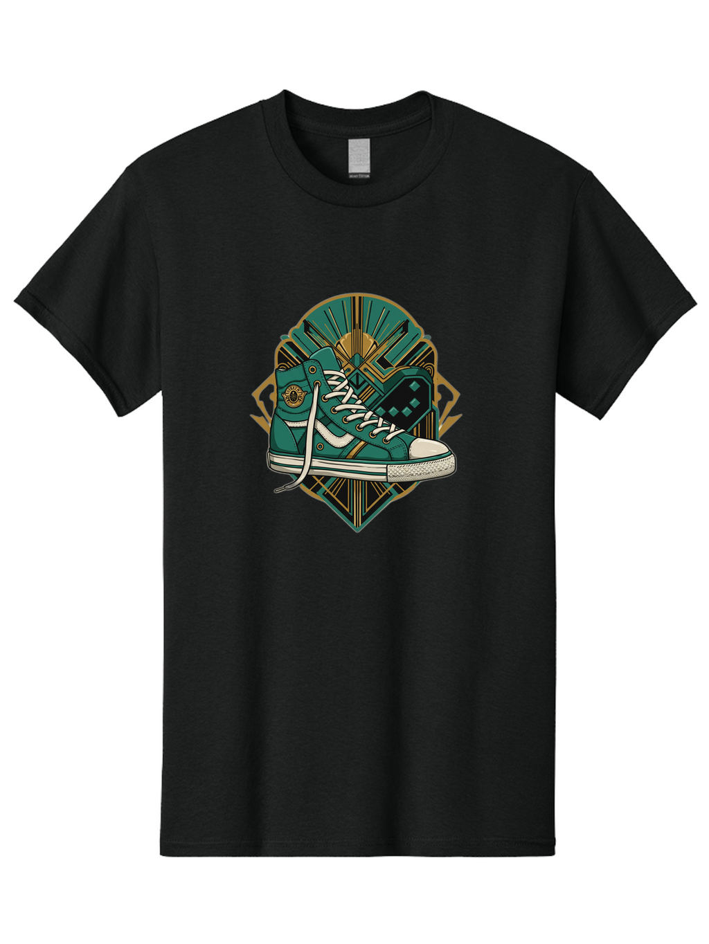 Teal-Sneakers Men'S Graphic Tee, 100% Cotton, Comfortable Casual Summer Wear, Machine Washable, Teal Sneakers, Art Deco Design, Gold Accents, White Laces, Stylish Footwear, Vintage Fashion, Retro Style, Classic Kicks, Fashion Statement Bab523