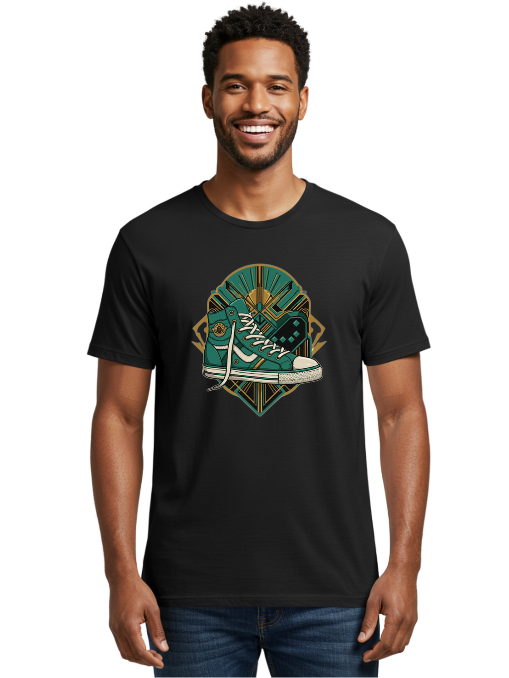 Teal-Sneakers Men'S Graphic Tee, 100% Cotton, Comfortable Casual Summer Wear, Machine Washable, Teal Sneakers, Art Deco Design, Gold Accents, White Laces, Stylish Footwear, Vintage Fashion, Retro Style, Classic Kicks, Fashion Statement Bab523