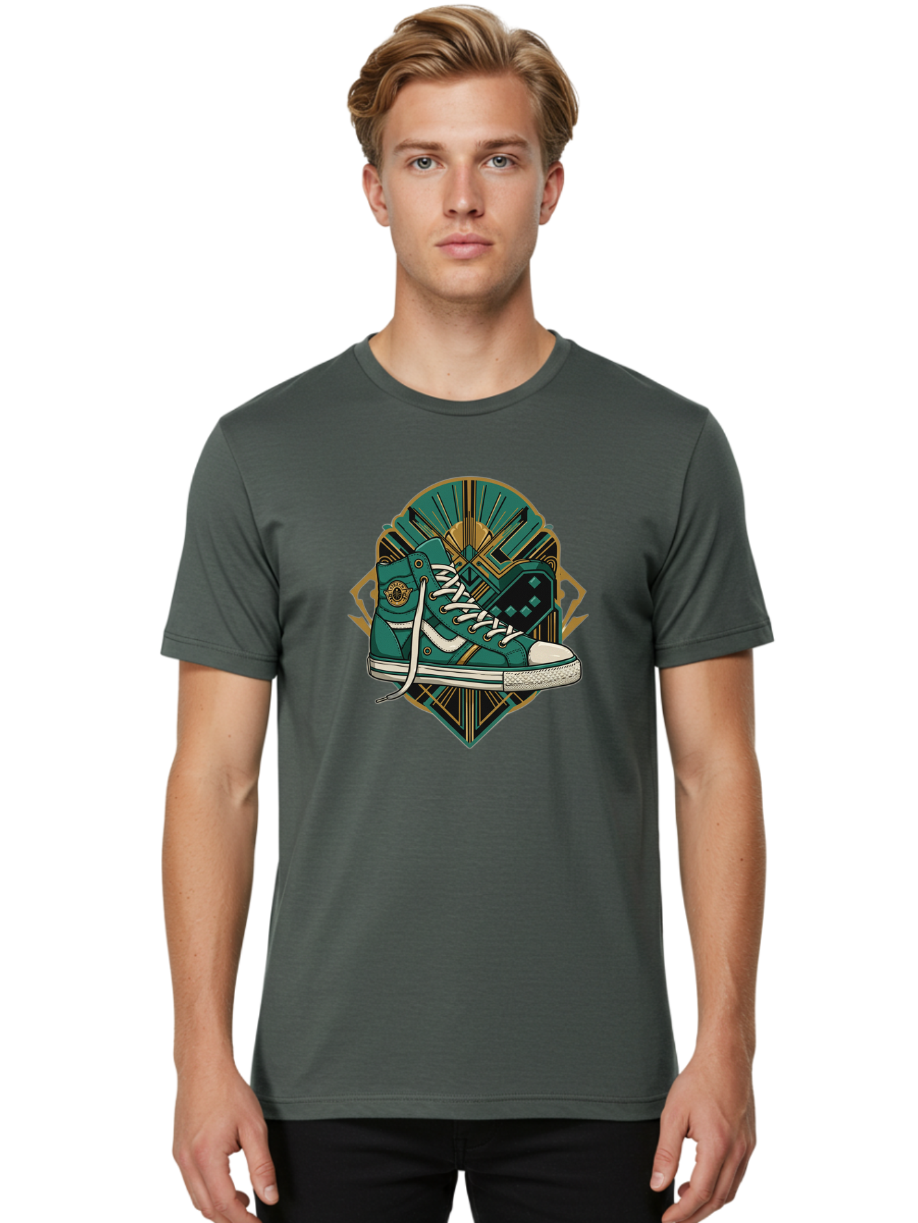 Teal-Sneakers Men'S Graphic Tee, 100% Cotton, Comfortable Casual Summer Wear, Machine Washable, Teal Sneakers, Art Deco Design, Gold Accents, White Laces, Stylish Footwear, Vintage Fashion, Retro Style, Classic Kicks, Fashion Statement Bab523