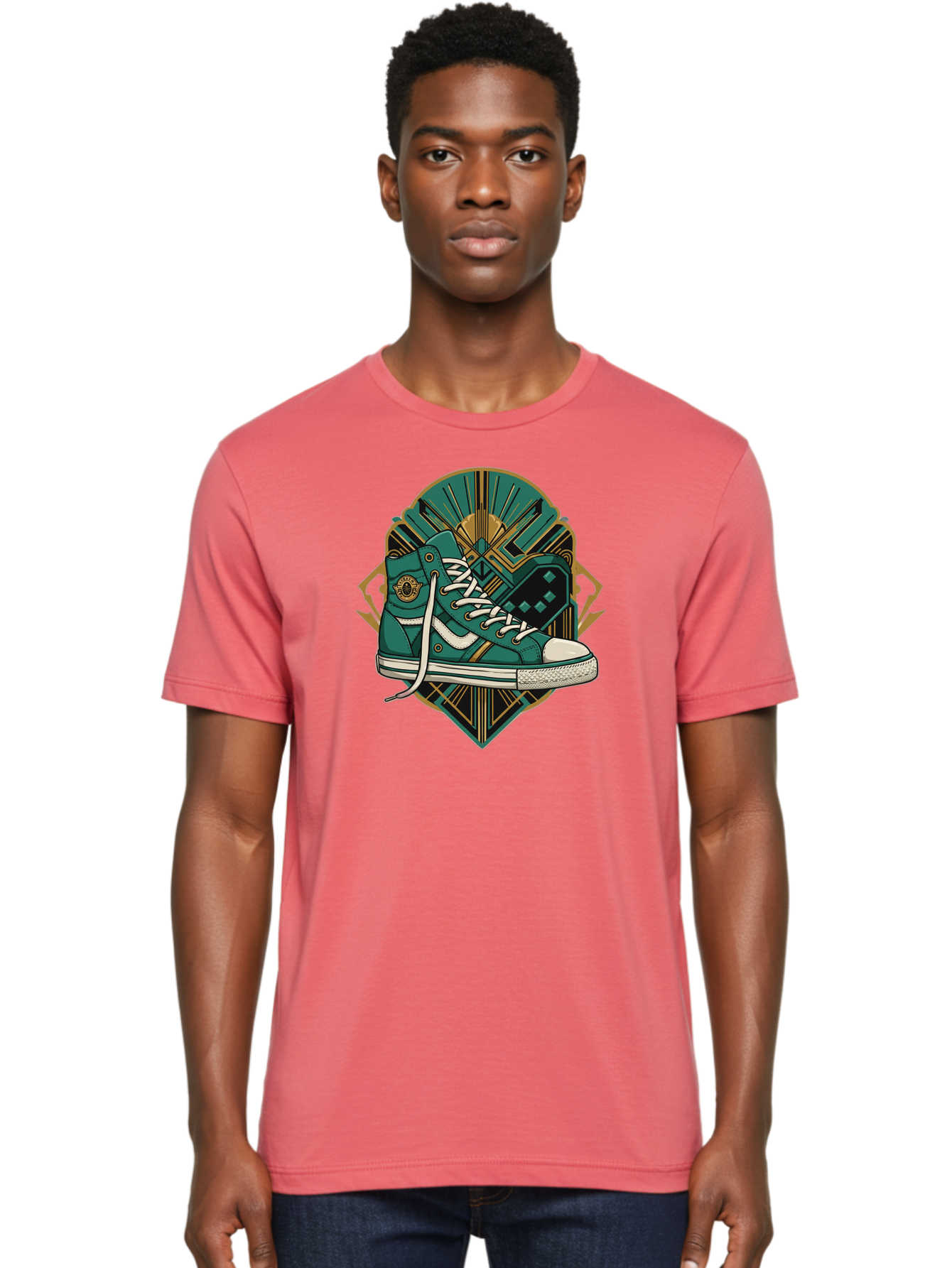 Teal-Sneakers Men'S Graphic Tee, 100% Cotton, Comfortable Casual Summer Wear, Machine Washable, Teal Sneakers, Art Deco Design, Gold Accents, White Laces, Stylish Footwear, Vintage Fashion, Retro Style, Classic Kicks, Fashion Statement Bab523