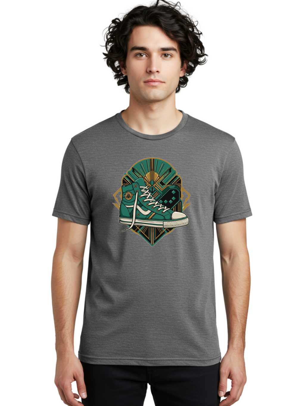 Teal-Sneakers Men'S Graphic Tee, 100% Cotton, Comfortable Casual Summer Wear, Machine Washable, Teal Sneakers, Art Deco Design, Gold Accents, White Laces, Stylish Footwear, Vintage Fashion, Retro Style, Classic Kicks, Fashion Statement Bab523