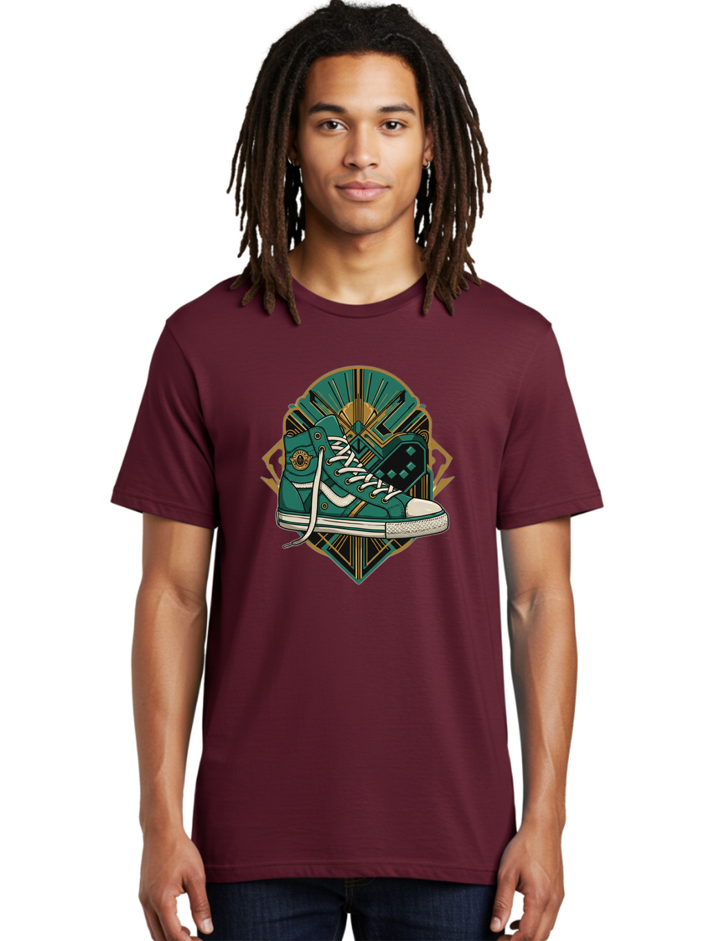 Teal-Sneakers Men'S Graphic Tee, 100% Cotton, Comfortable Casual Summer Wear, Machine Washable, Teal Sneakers, Art Deco Design, Gold Accents, White Laces, Stylish Footwear, Vintage Fashion, Retro Style, Classic Kicks, Fashion Statement Bab523