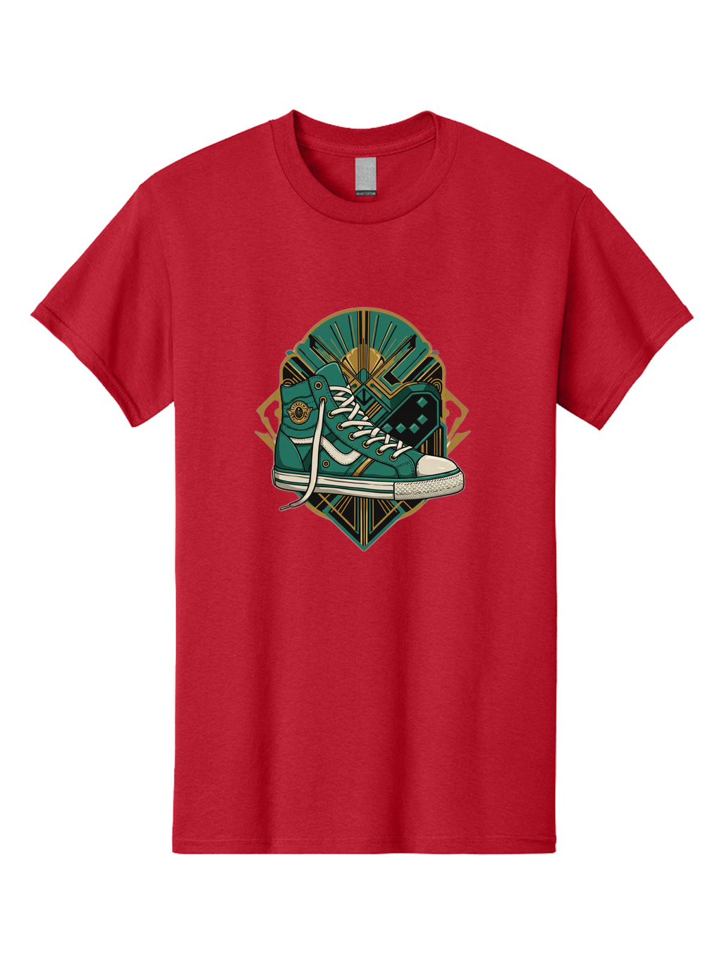 Teal-Sneakers Men'S Graphic Tee, 100% Cotton, Comfortable Casual Summer Wear, Machine Washable, Teal Sneakers, Art Deco Design, Gold Accents, White Laces, Stylish Footwear, Vintage Fashion, Retro Style, Classic Kicks, Fashion Statement Bab523