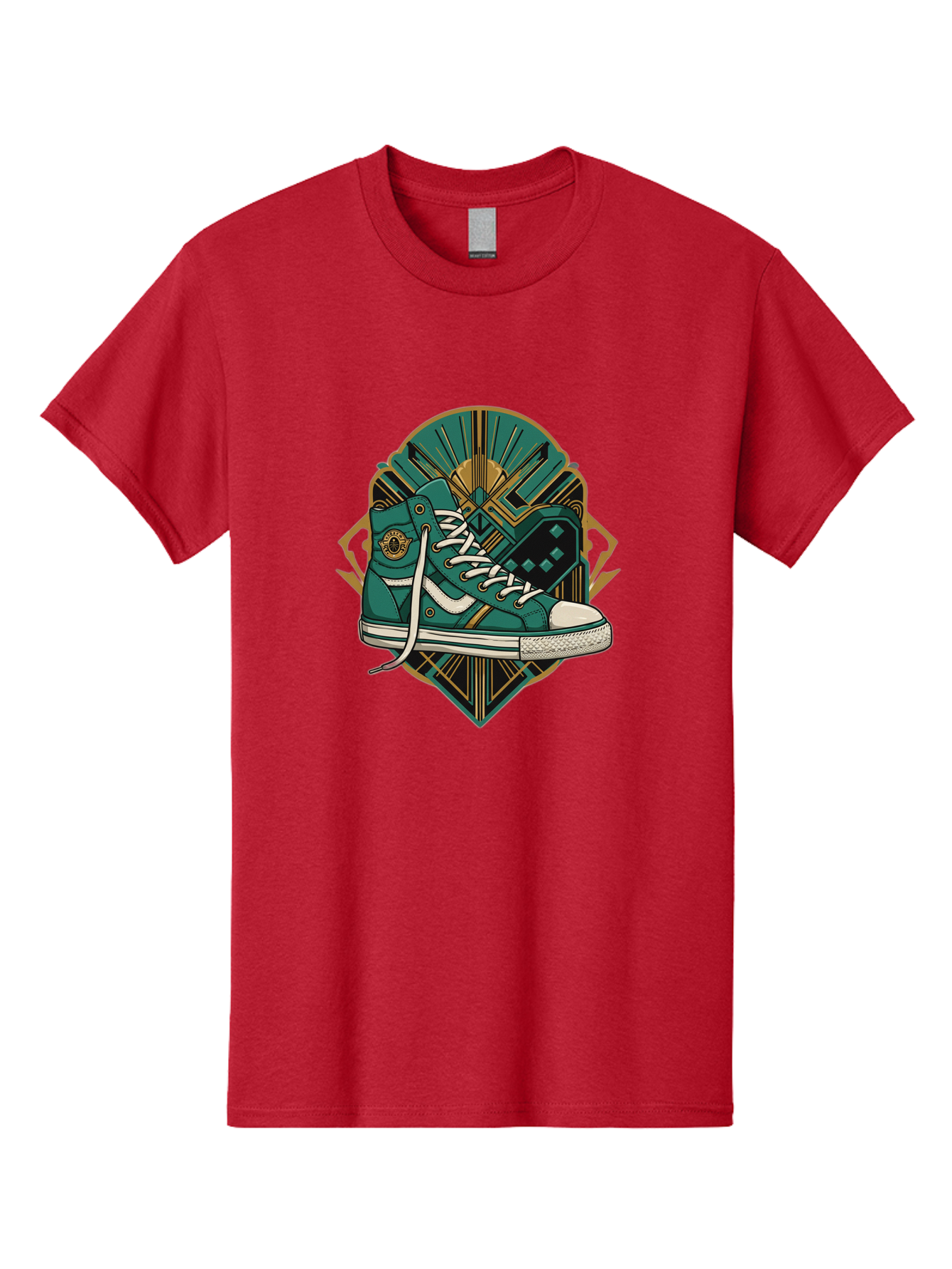 Teal-Sneakers Men'S Graphic Tee, 100% Cotton, Comfortable Casual Summer Wear, Machine Washable, Teal Sneakers, Art Deco Design, Gold Accents, White Laces, Stylish Footwear, Vintage Fashion, Retro Style, Classic Kicks, Fashion Statement Bab523