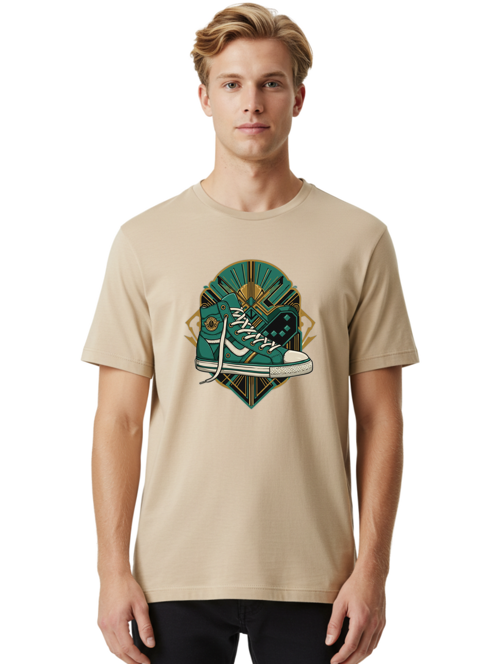Teal-Sneakers Men'S Graphic Tee, 100% Cotton, Comfortable Casual Summer Wear, Machine Washable, Teal Sneakers, Art Deco Design, Gold Accents, White Laces, Stylish Footwear, Vintage Fashion, Retro Style, Classic Kicks, Fashion Statement Bab523