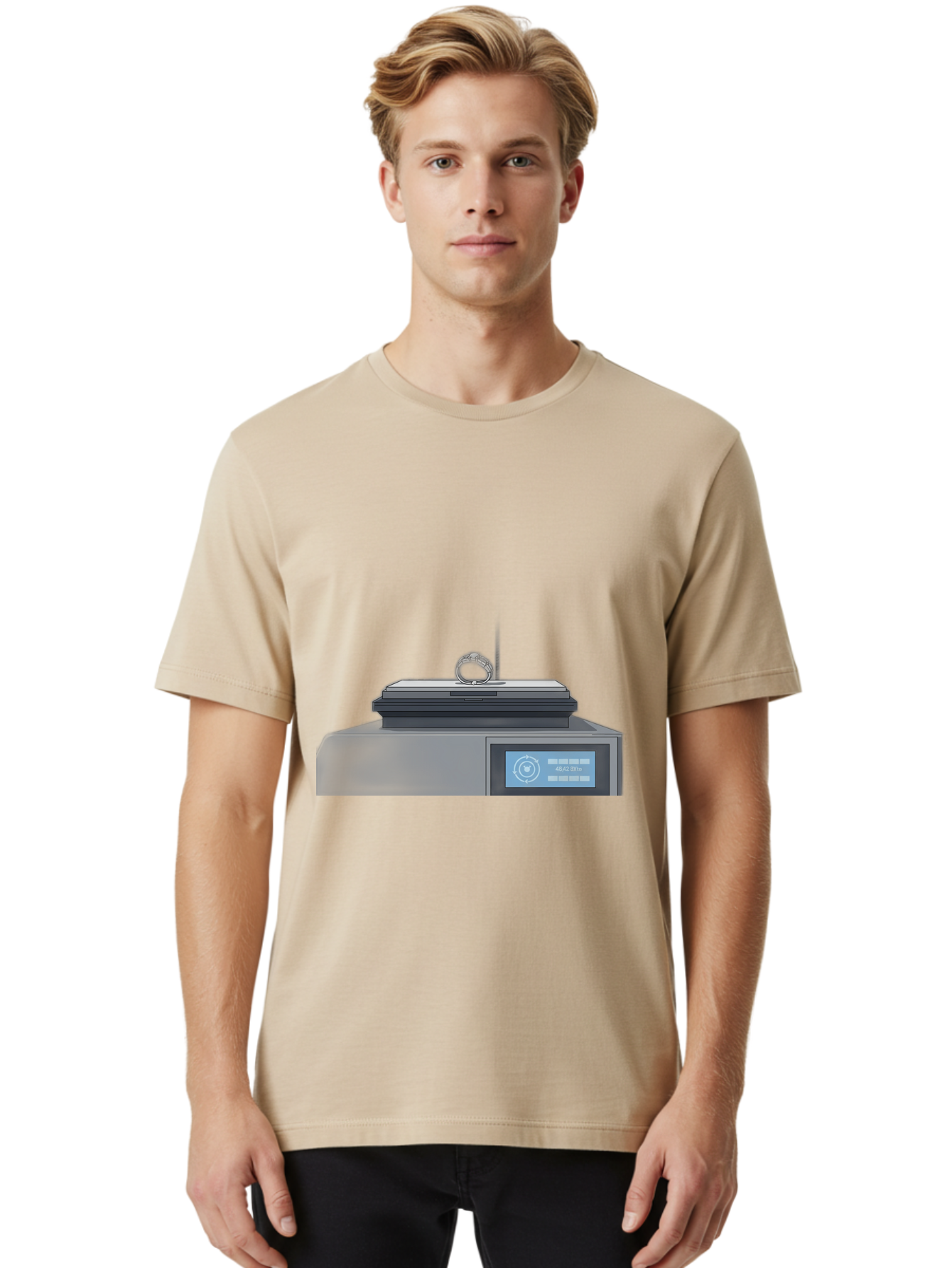 Tech-Device Men'S Graphic Tee, 100% Cotton, Comfortable Casual Summer Wear, Machine Washable, Smart Ring, Futuristic Technology, Digital Jewelry, Wearable Device, High-Tech Gadget, Sleek Design, Minimalist Style, Modern Accessory Bab524