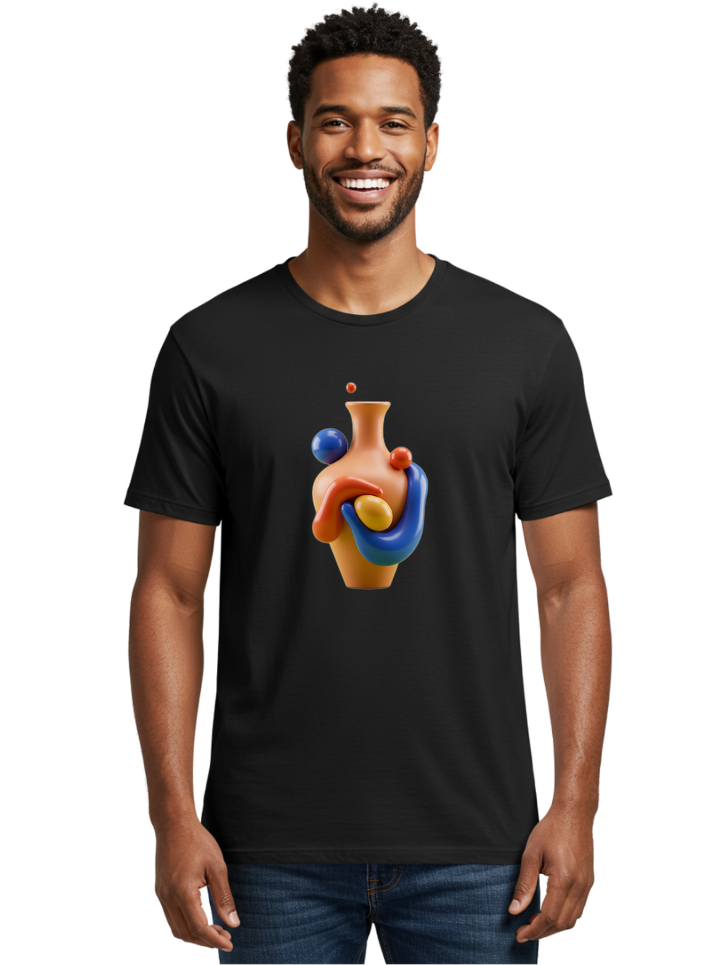 Terracotta-Vase Men'S Graphic Tee, 100% Cotton, Comfortable Casual Summer Wear, Machine Washable, 3D Illustration, Abstract Art, Colorful Vase, Flowing Shapes, Creative Design, Modern Decoration, Artistic Expression, Unique Sculpture Bab527