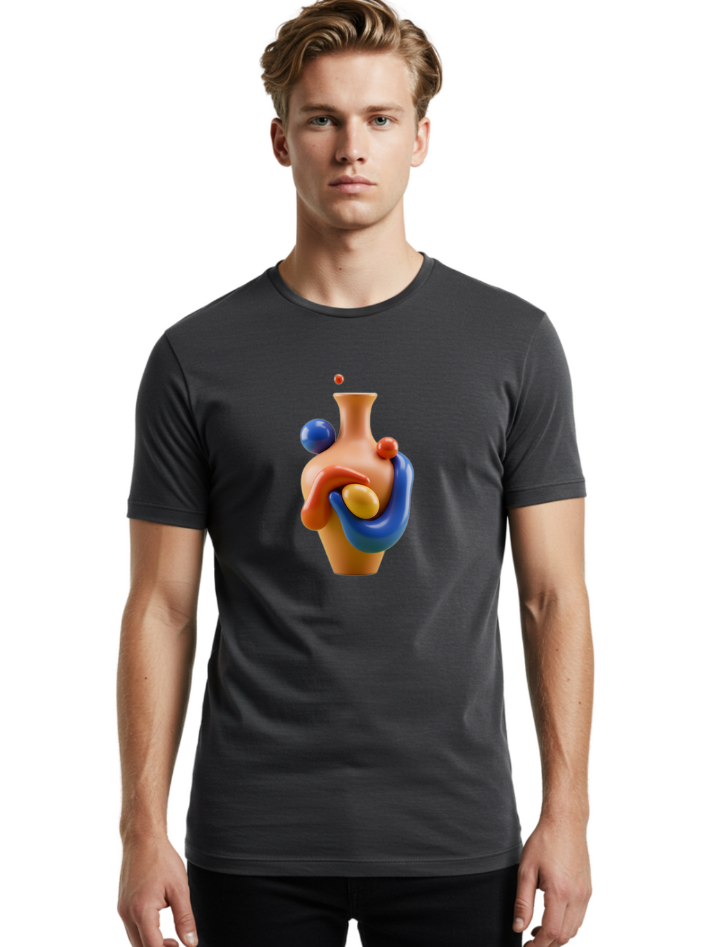 Terracotta-Vase Men'S Graphic Tee, 100% Cotton, Comfortable Casual Summer Wear, Machine Washable, 3D Illustration, Abstract Art, Colorful Vase, Flowing Shapes, Creative Design, Modern Decoration, Artistic Expression, Unique Sculpture Bab527